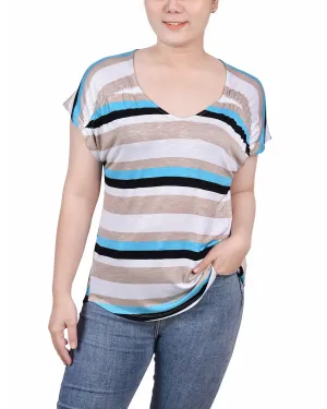 Petite Short Sleeve Striped V Neck Top LowProfileSeams Friction Resistant Finish