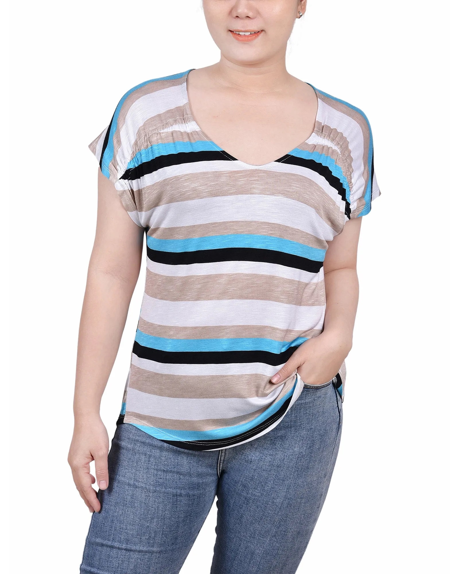 Petite Short Sleeve Striped V Neck Top slim fit NonChafingEdges