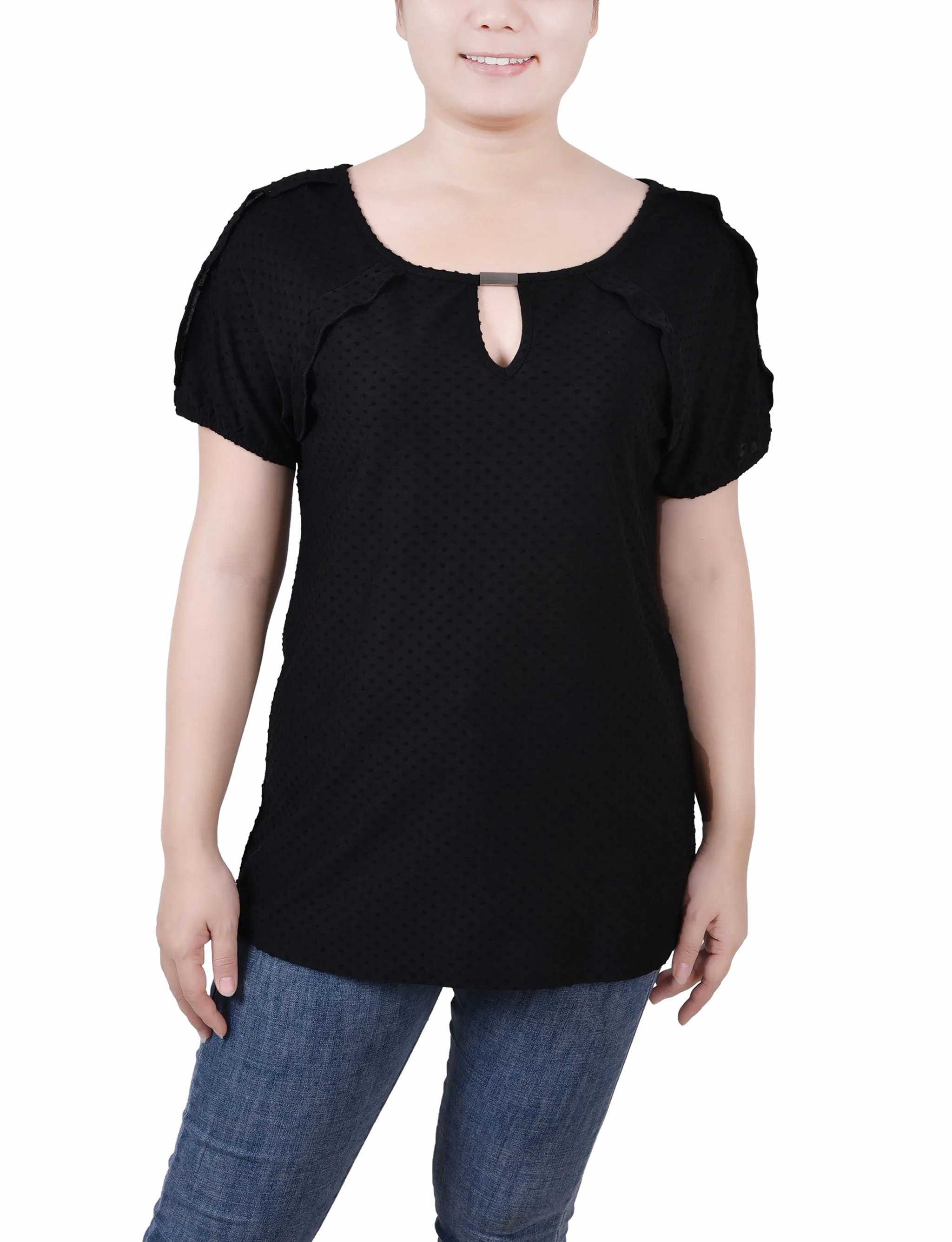 Petite Short Sleeve Swiss Dot Top Adjustable Cuff System