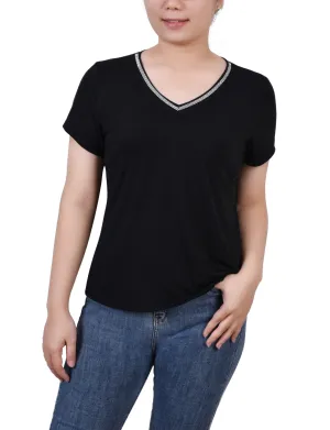 Petite Short Sleeve Top With Stone Details Raglan Sleeve
