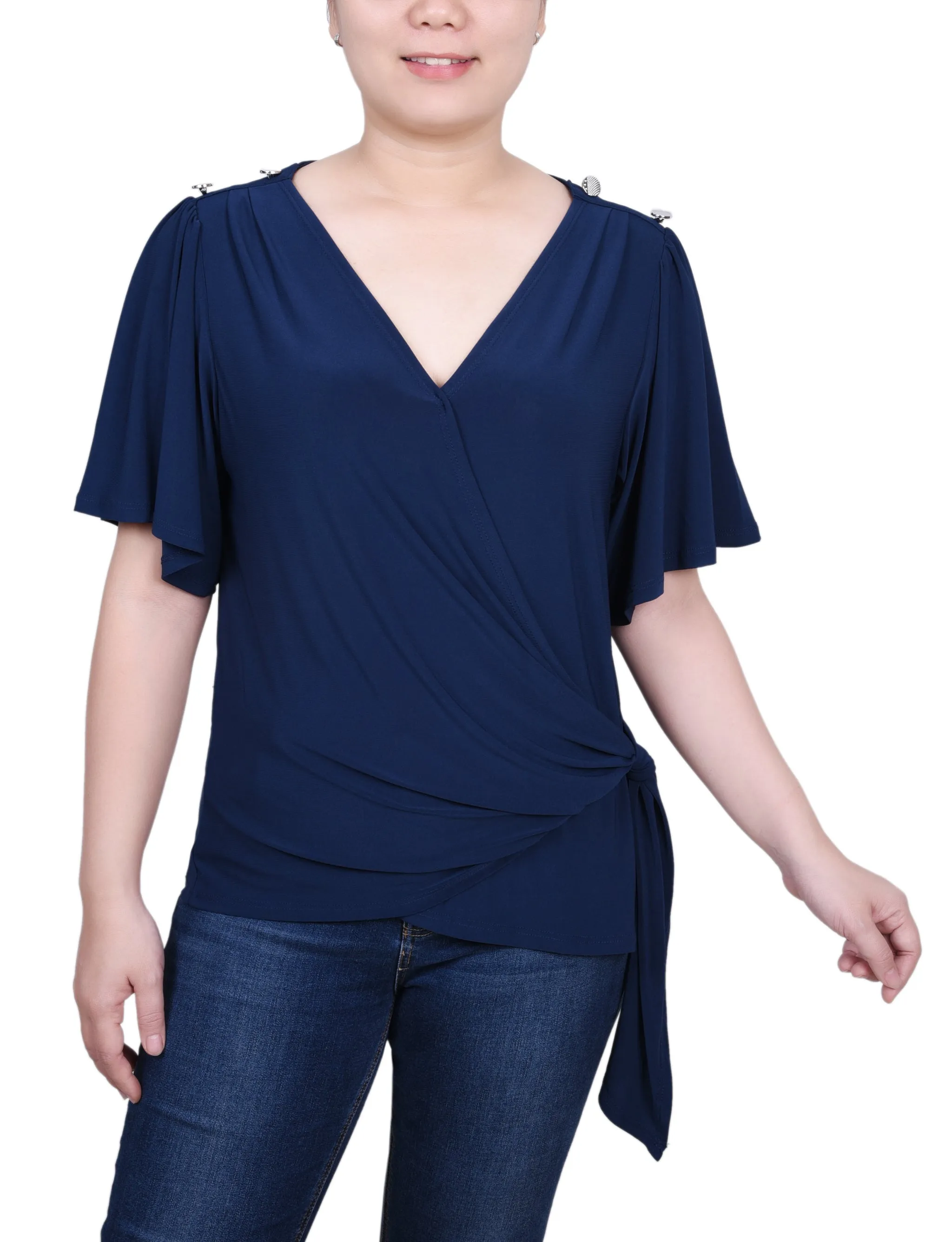 Petite Short Sleeve Wrap Top Stretch waistband LongLastingDurability