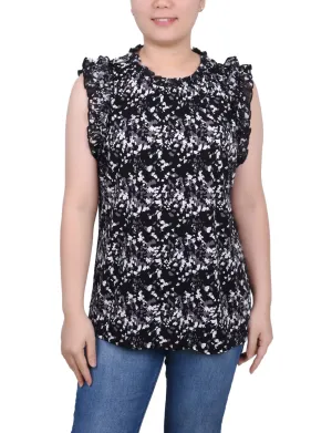 Petite Sleeveless Crepe Top With Chiffon Ruffles LightweightDesign Quick Release Buttons