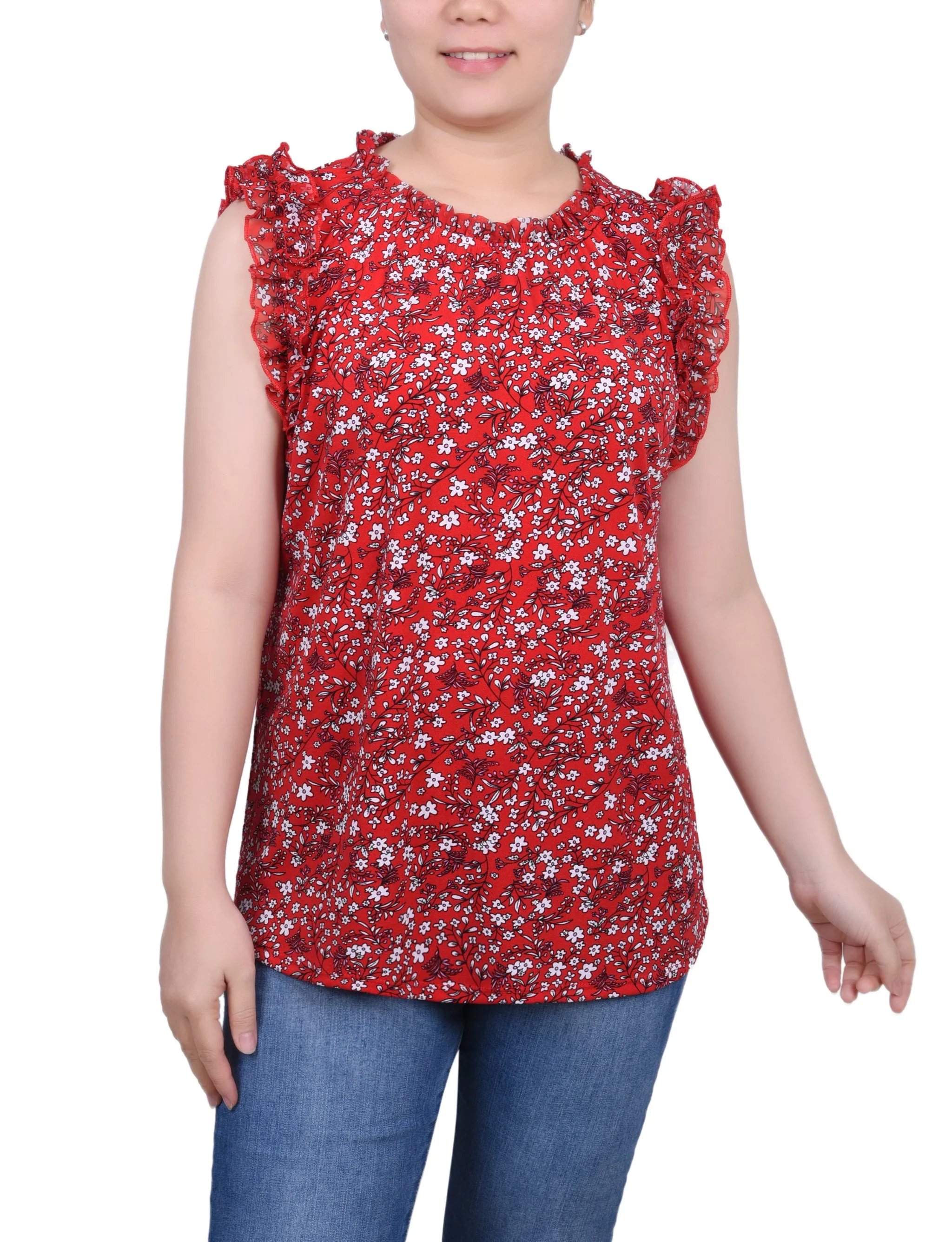 Petite Sleeveless Crepe Top With Chiffon Ruffles QuickDry Texture