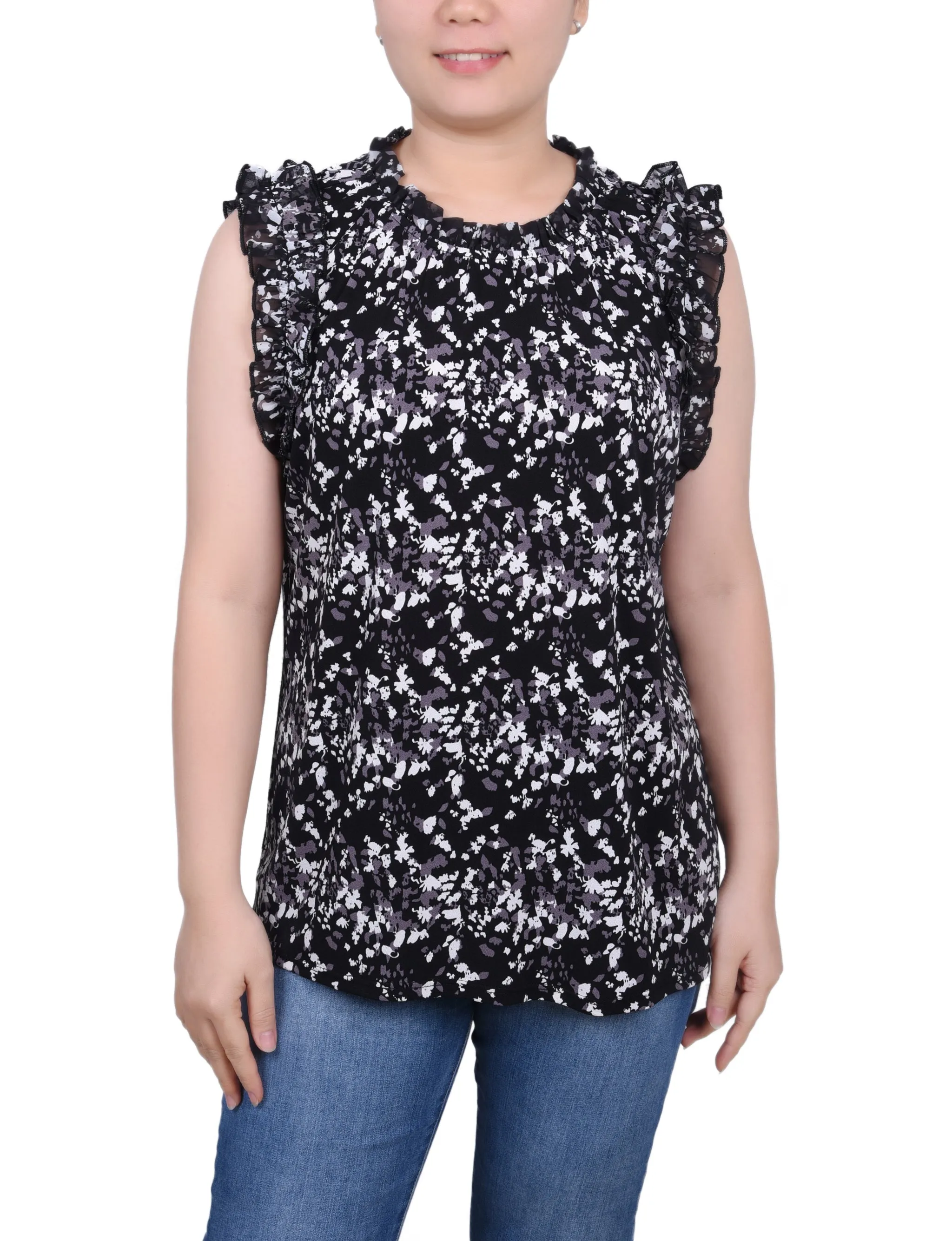 BlendMaterials Petite Sleeveless Crepe Top With Chiffon Ruffles
