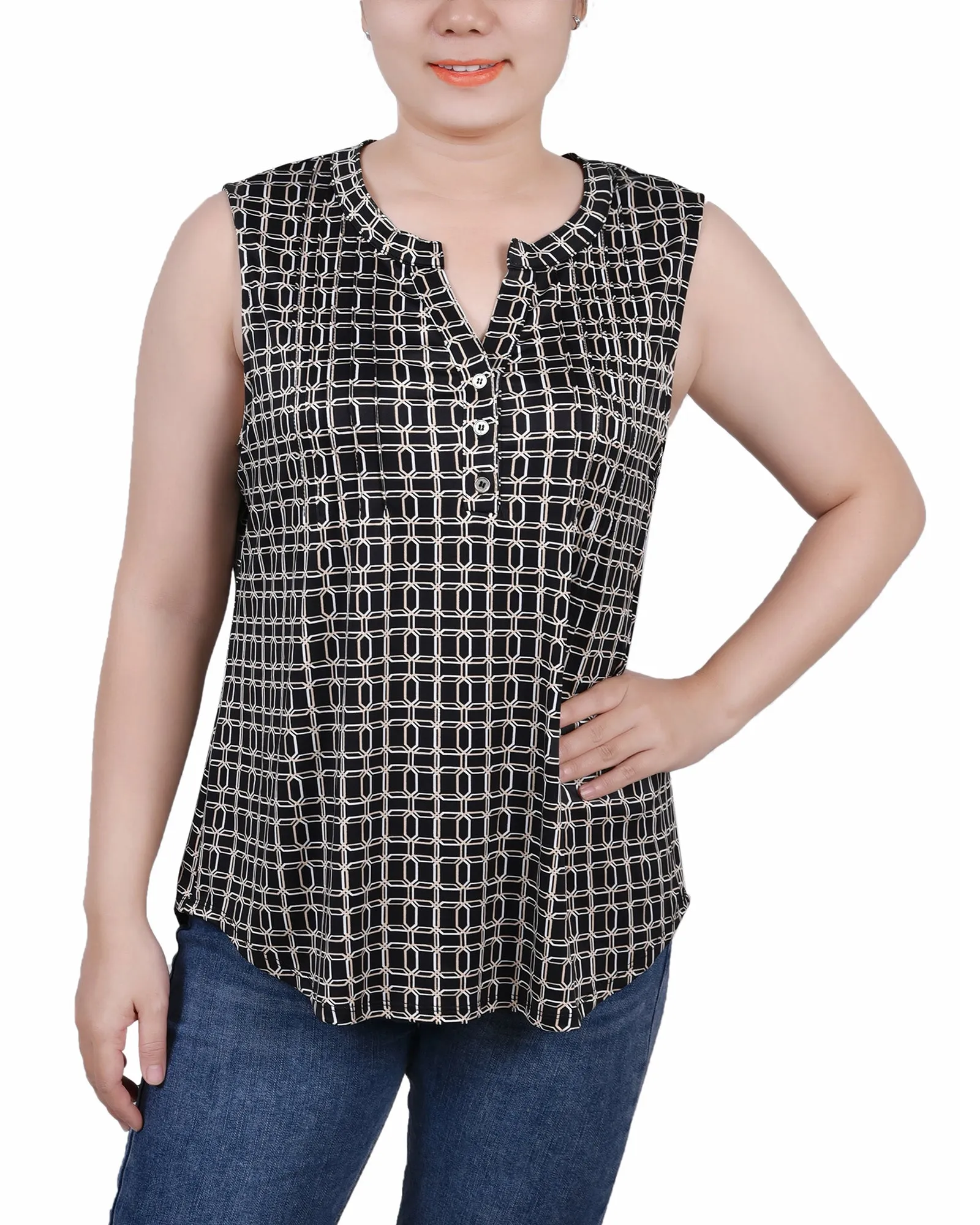 Petite Sleeveless Knit Y Neck Top LongSleeve Reflective Trim