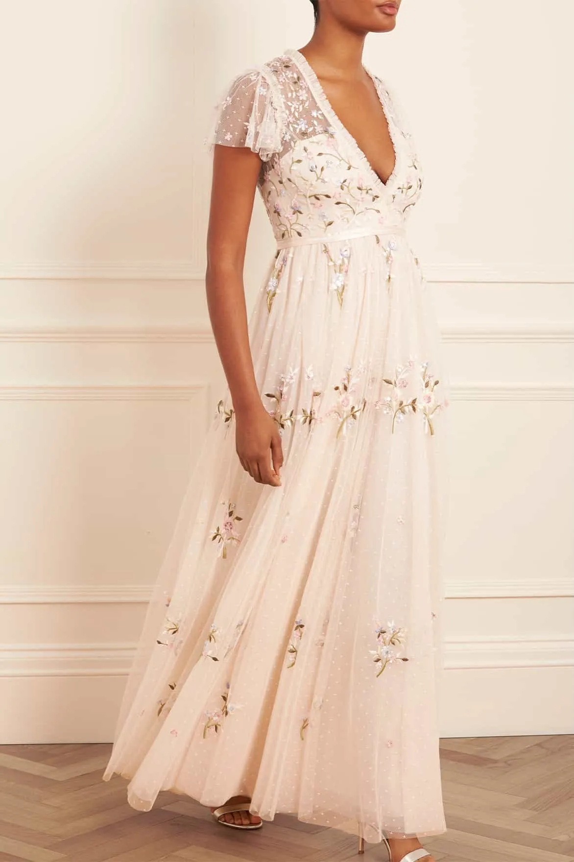 Social Charm Wrap-Style Petunia Cap Sleeve Gown