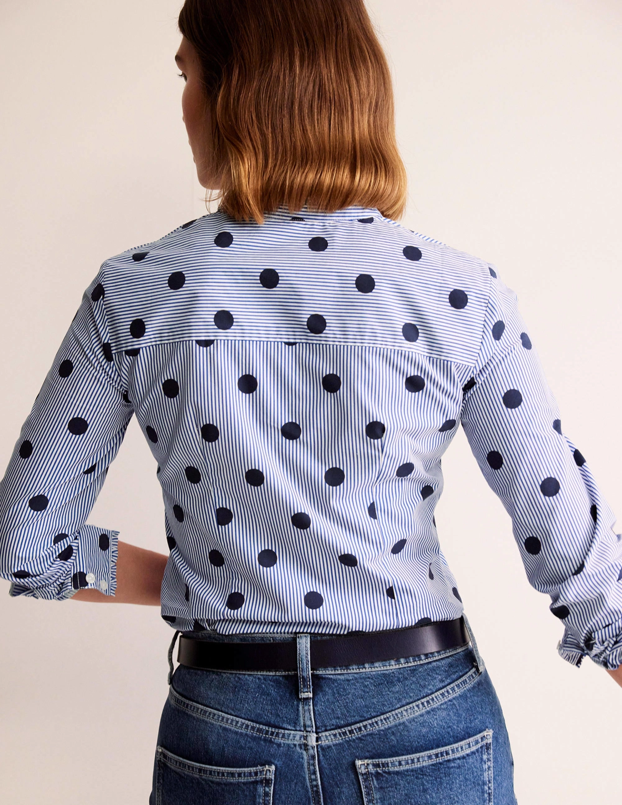 Low Profile Stitching Temperature control Phoebe Cotton Shirt-Navy, Spot Stripe