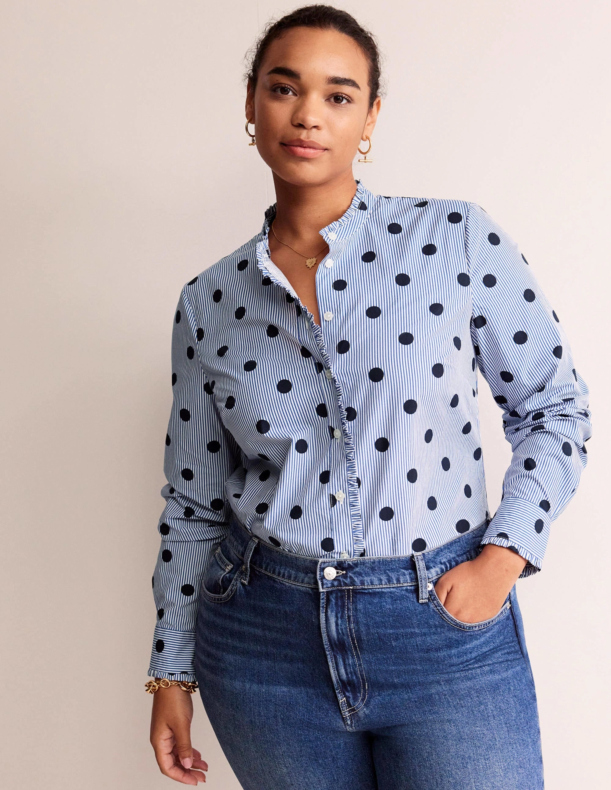 HypoallergenicFibers FrictionResistant Edges Phoebe Cotton Shirt-Navy, Spot Stripe