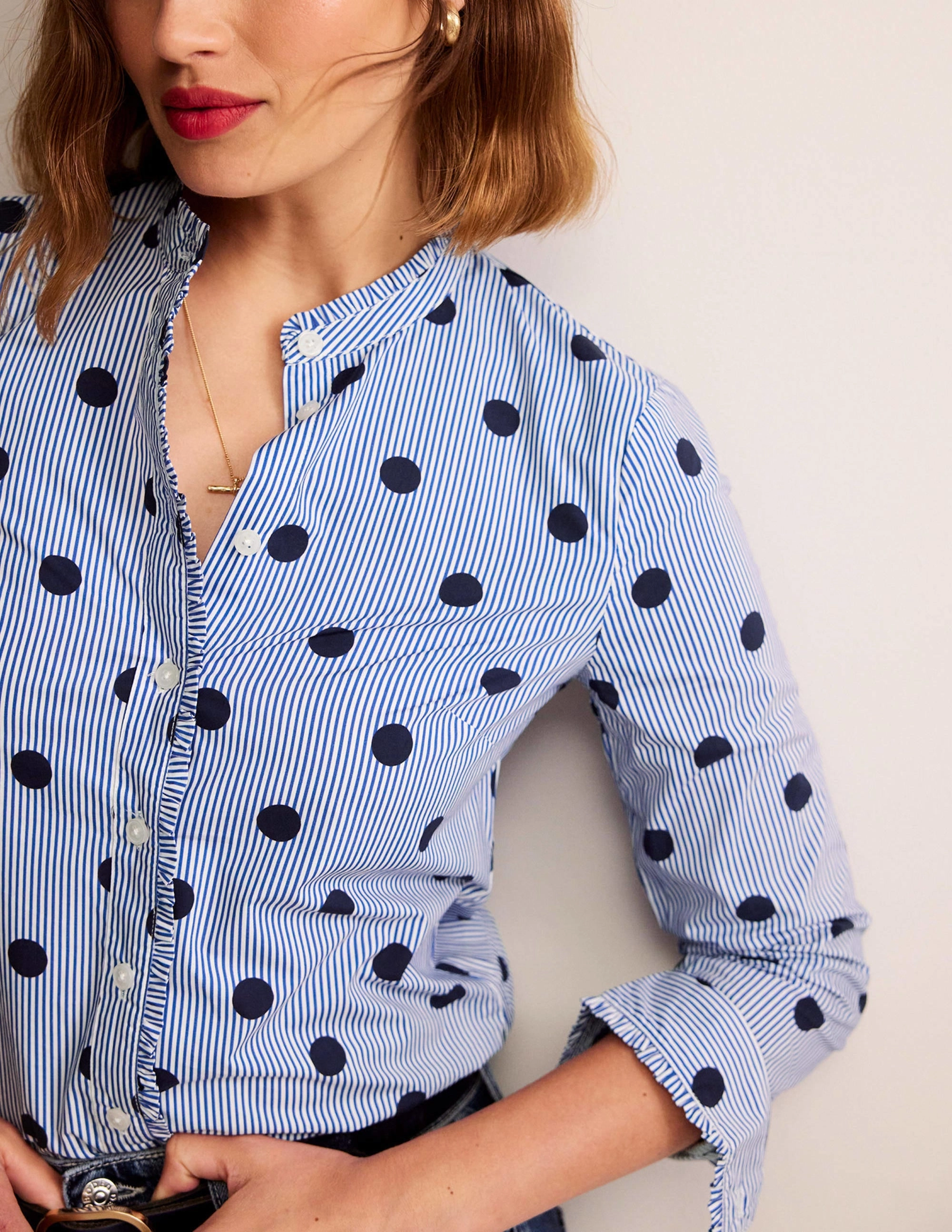 FlexibleElasticatedEdging AthleisureReady Phoebe Cotton Shirt-Navy, Spot Stripe