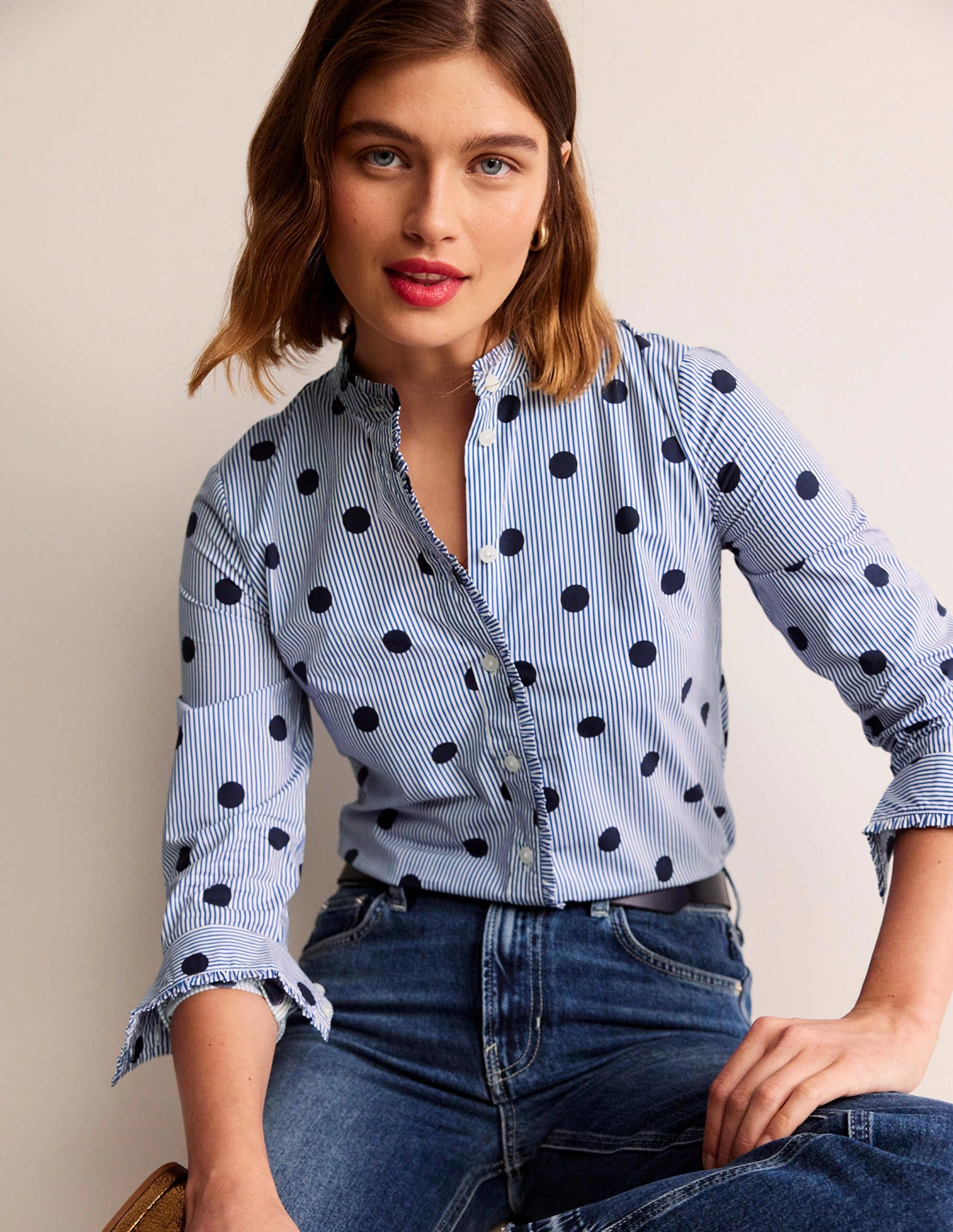 Chic Cardigan WrinkleResistantTextile Phoebe Cotton Shirt-Navy, Spot Stripe