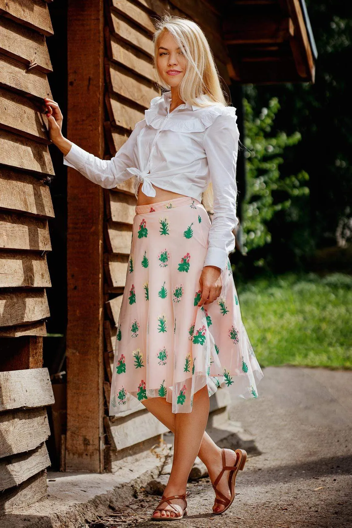 Pink Mesh Embroidered Midi Skirt Outfit Moodboard