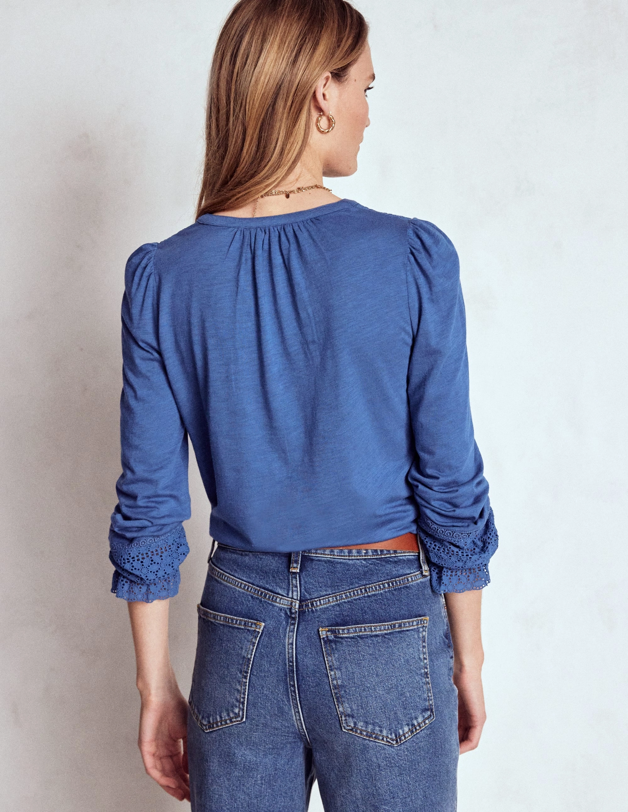 Pippa Broderie Jersey Shirt-Denim Blue Soft touch finish