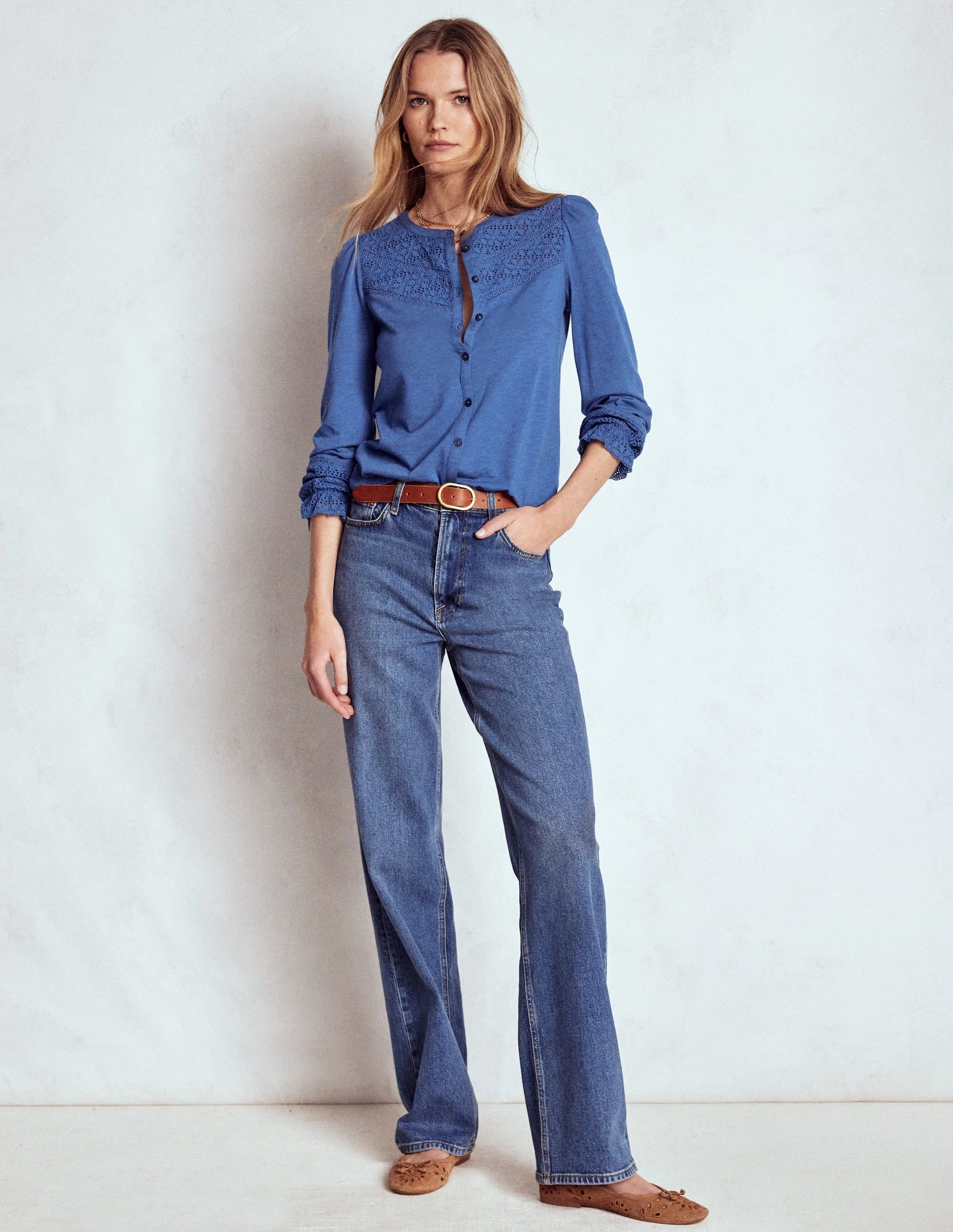 Pippa Broderie Jersey Shirt-Denim Blue WrinkleFree Structure Double Stitched Hems