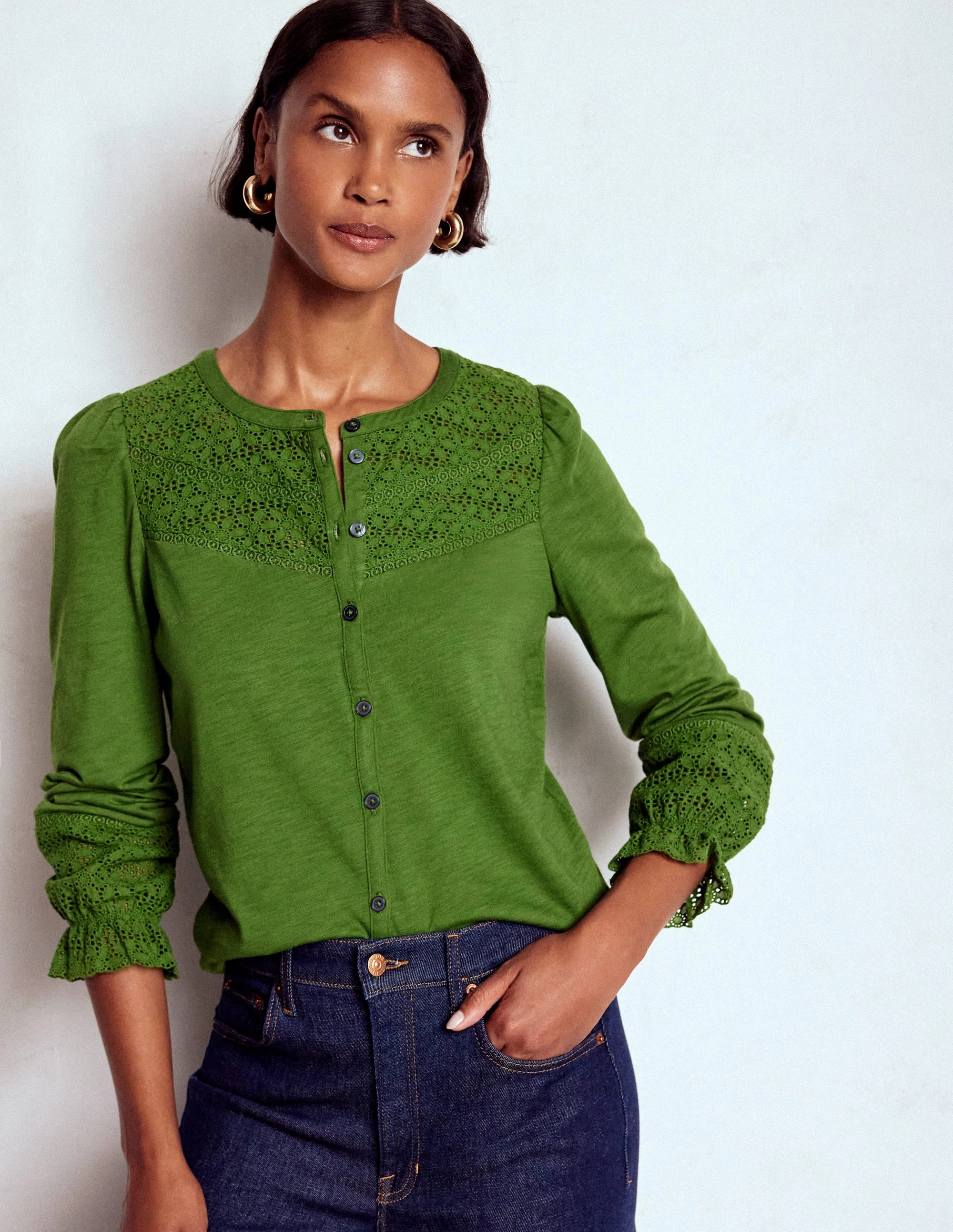 Pippa Broderie Jersey Shirt-Promenade Green FourWayStretchFabric