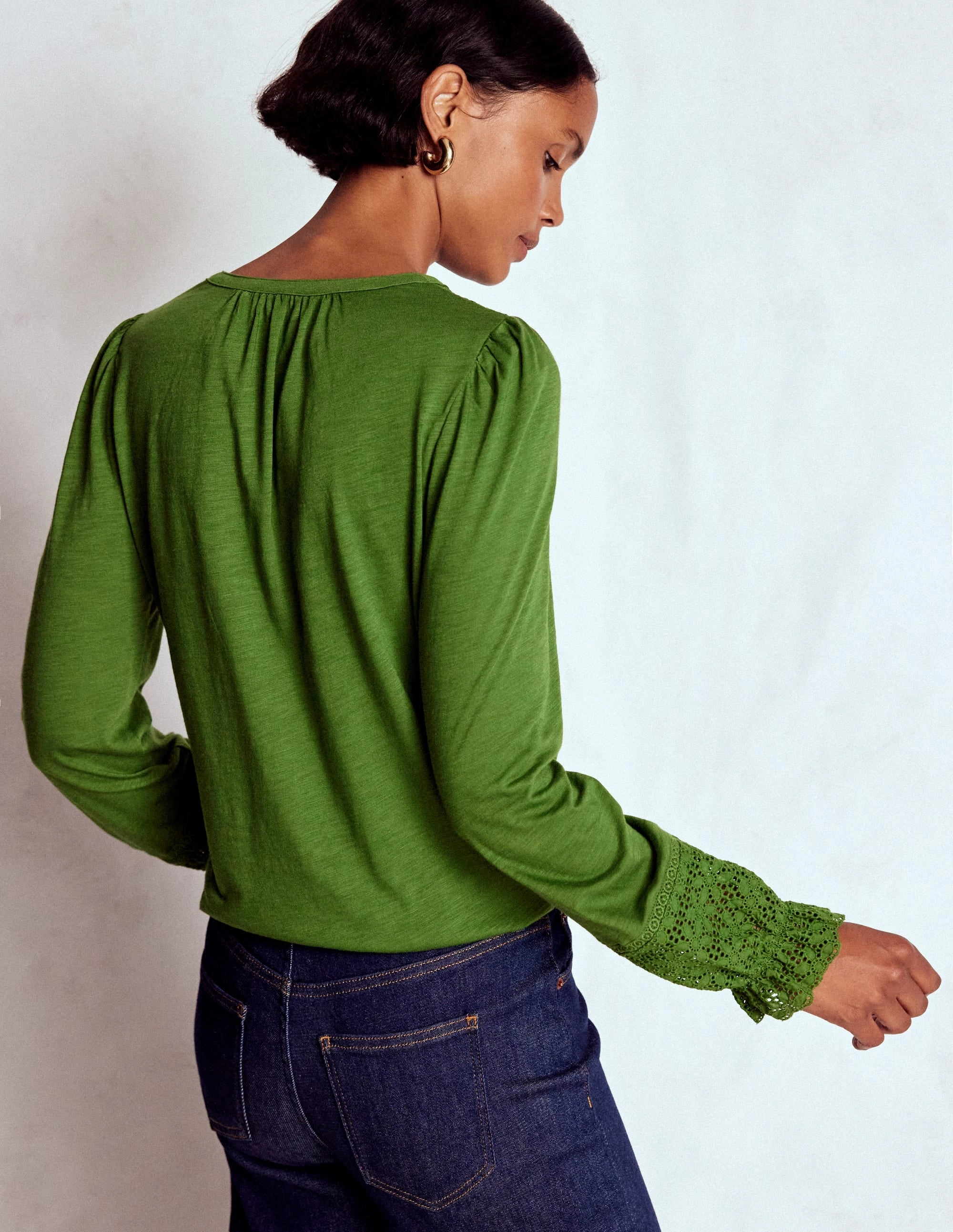 Pippa Broderie Jersey Shirt-Promenade Green Stretch Comfort Comfortable Collar