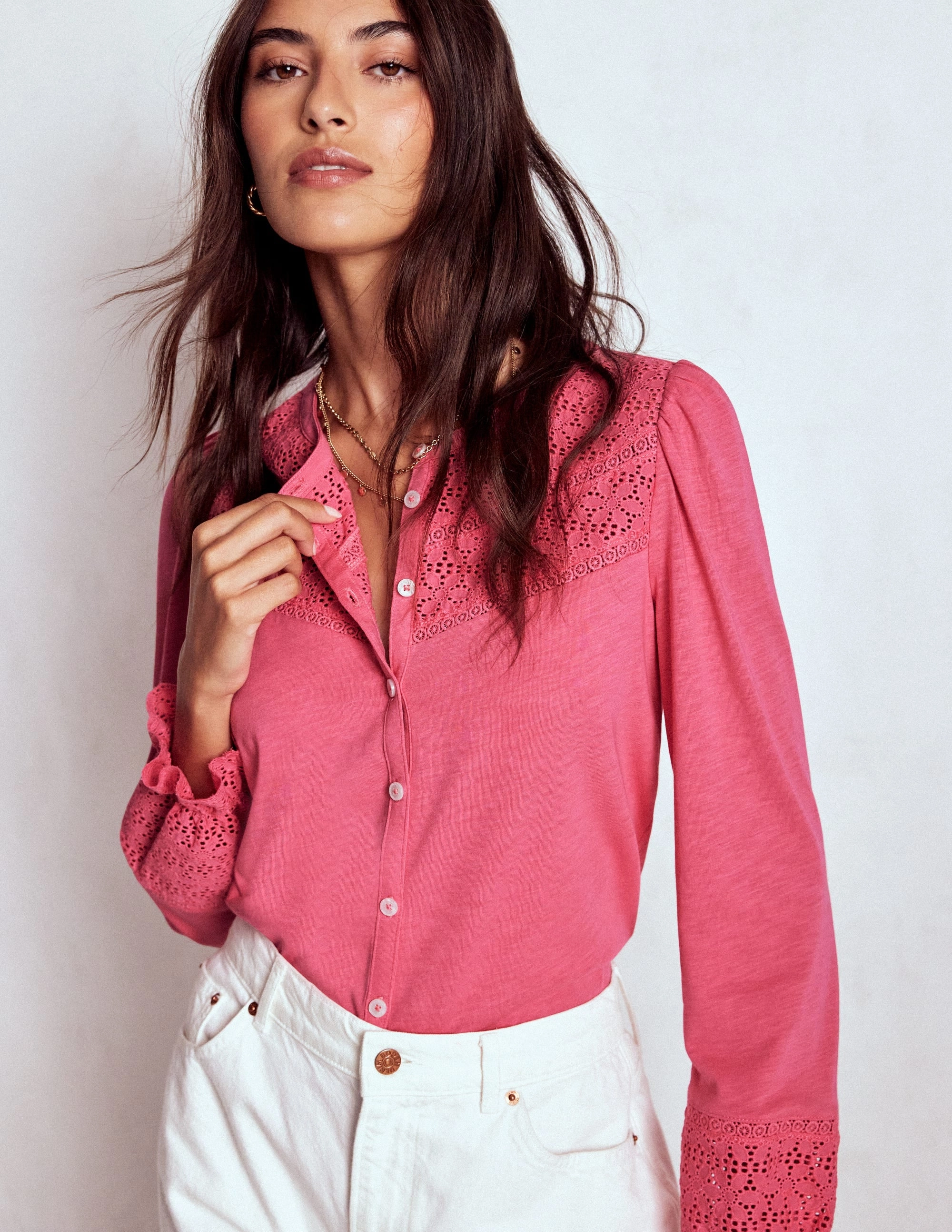 CrewNeck Unlined Design Pippa Broderie Jersey Shirt-Rose Pink