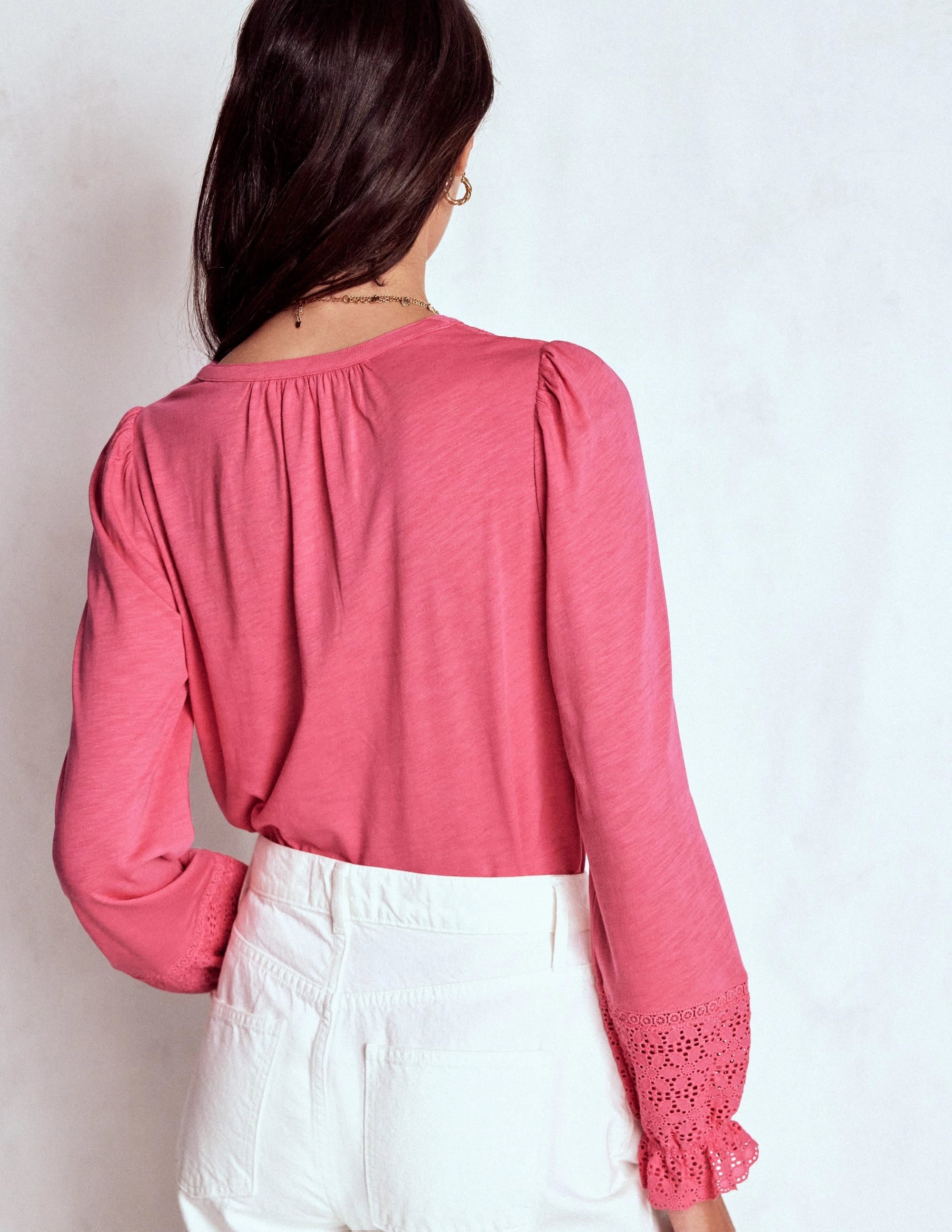 Pippa Broderie Jersey Shirt-Rose Pink LightweightLayeredFabric Relaxed Top
