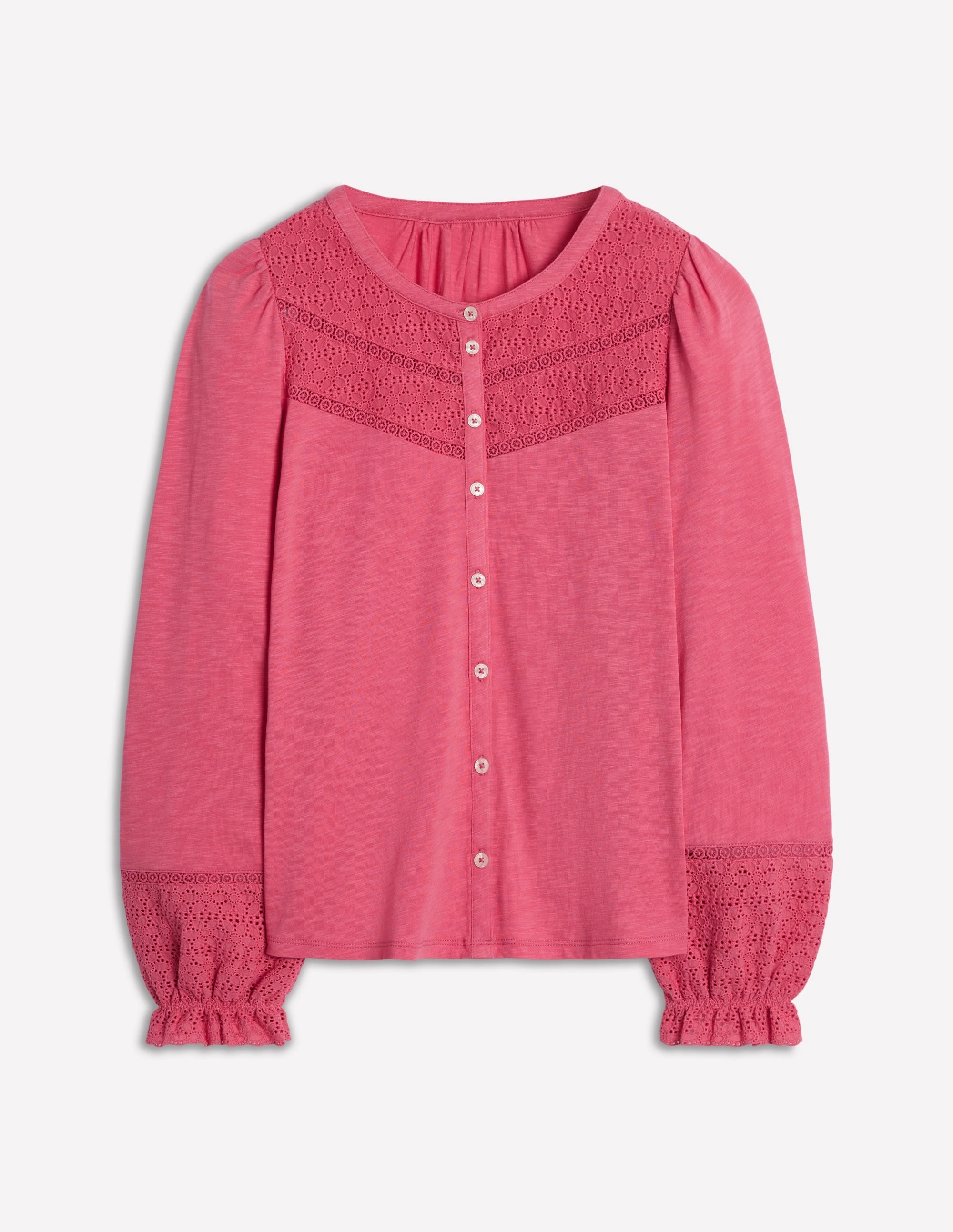 Pippa Broderie Jersey Shirt-Rose Pink Wind Resistant Fabric