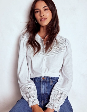 Pippa Broderie Jersey Shirt-White Adjustable Hem Cuff