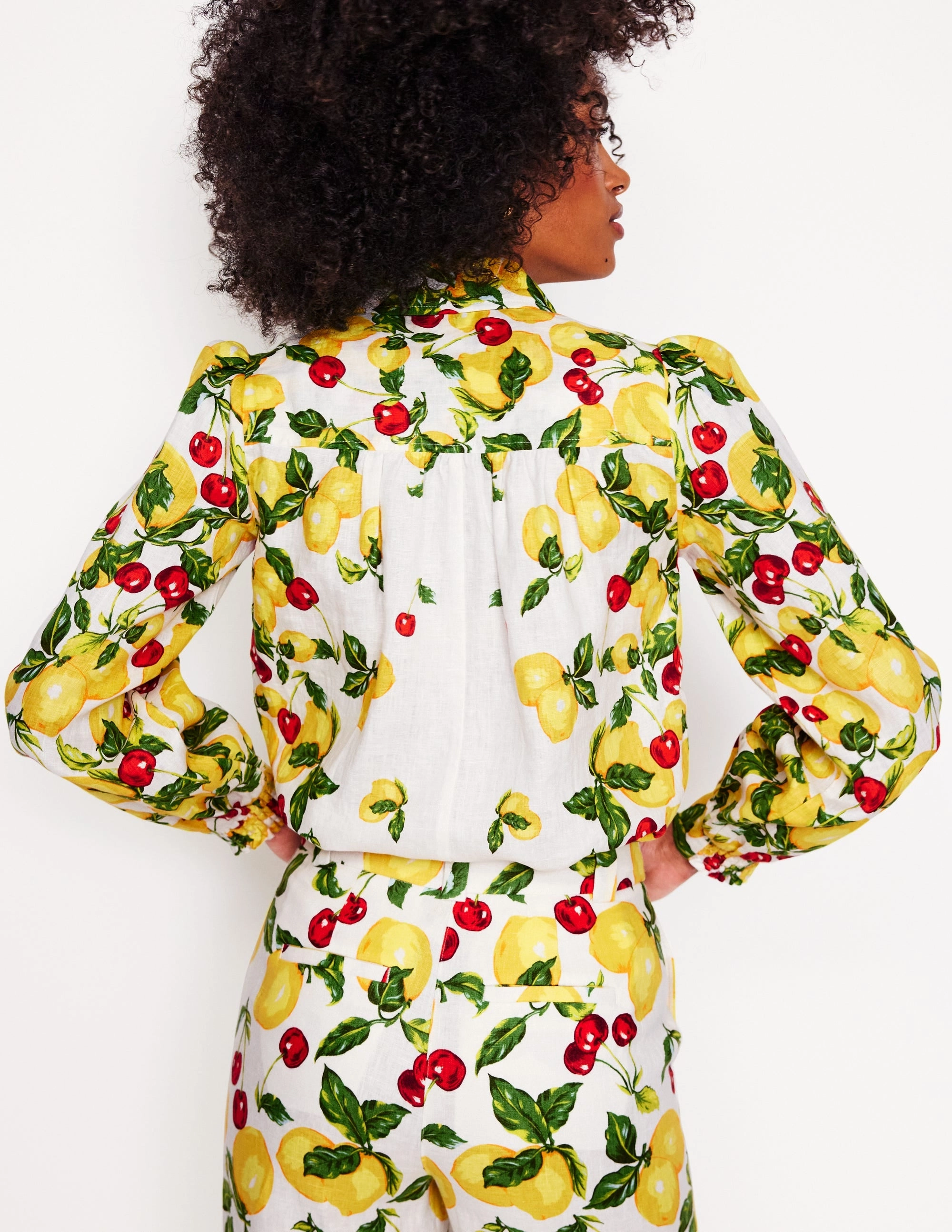 Easy Care Material Placement Print Linen Shirt-Ivory, Cherries and Lemons