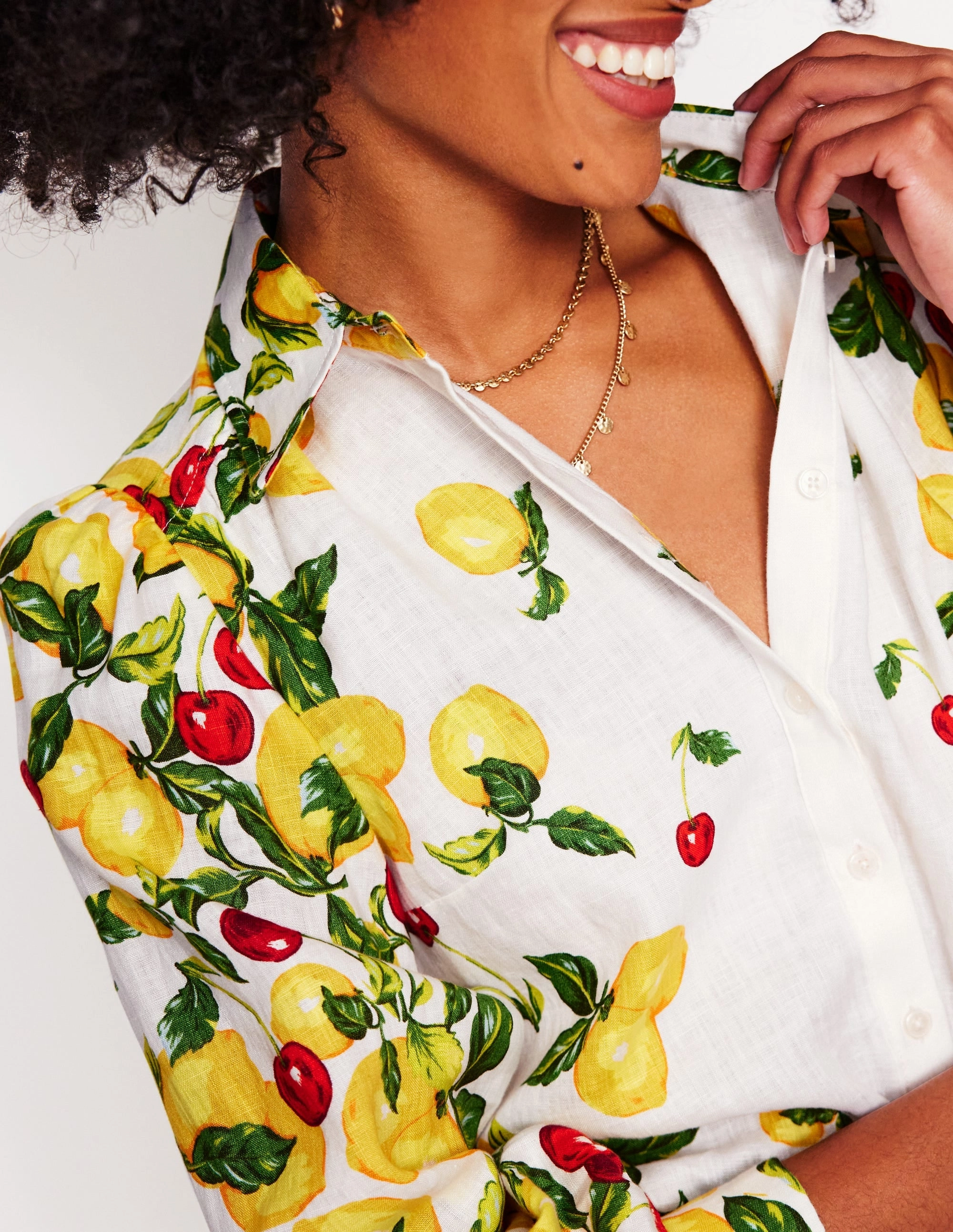 Placement Print Linen Shirt-Ivory, Cherries and Lemons NoRoll Hem Technology QuickDrying
