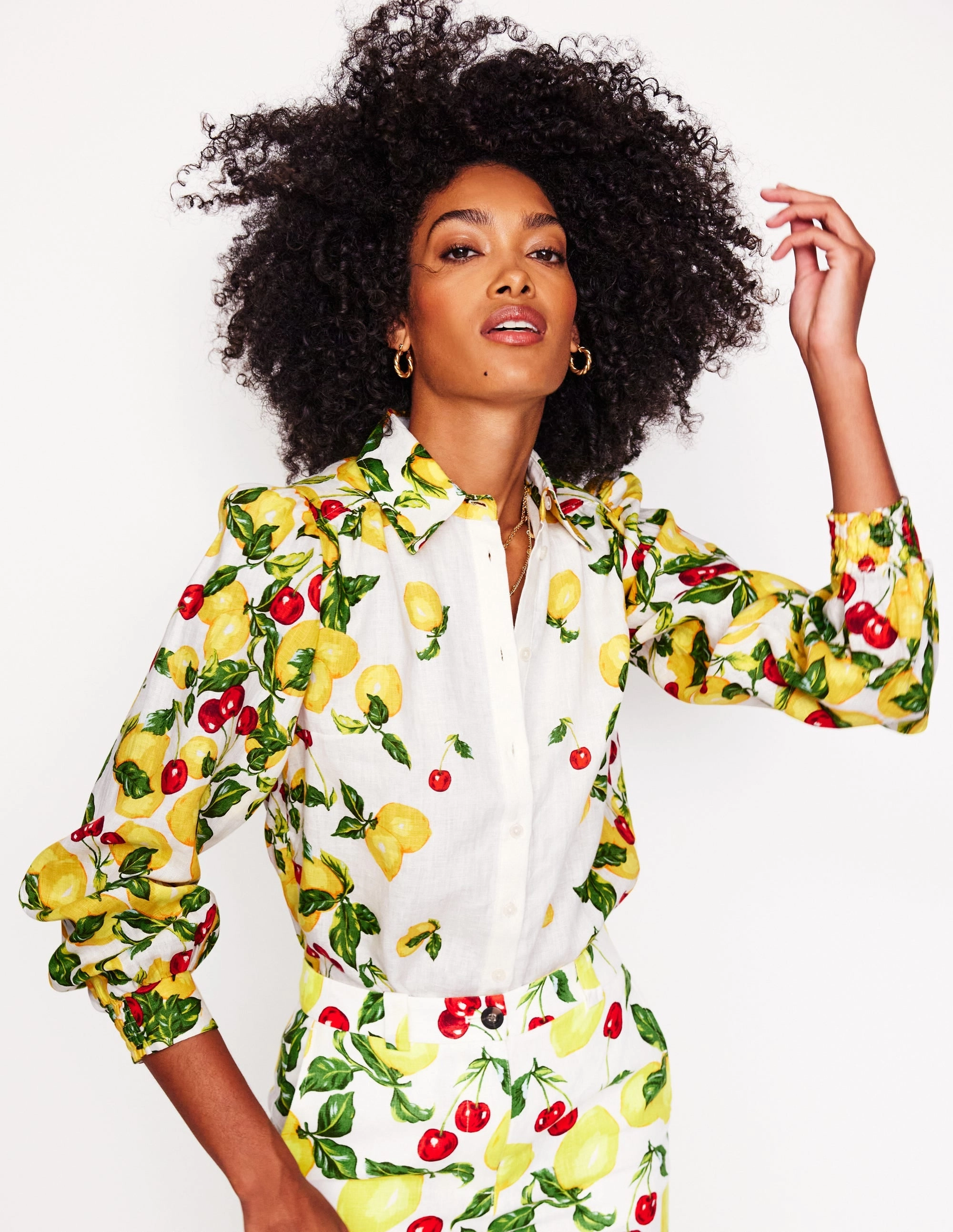 Convertible Sleeve Adaptation Placement Print Linen Shirt-Ivory, Cherries and Lemons