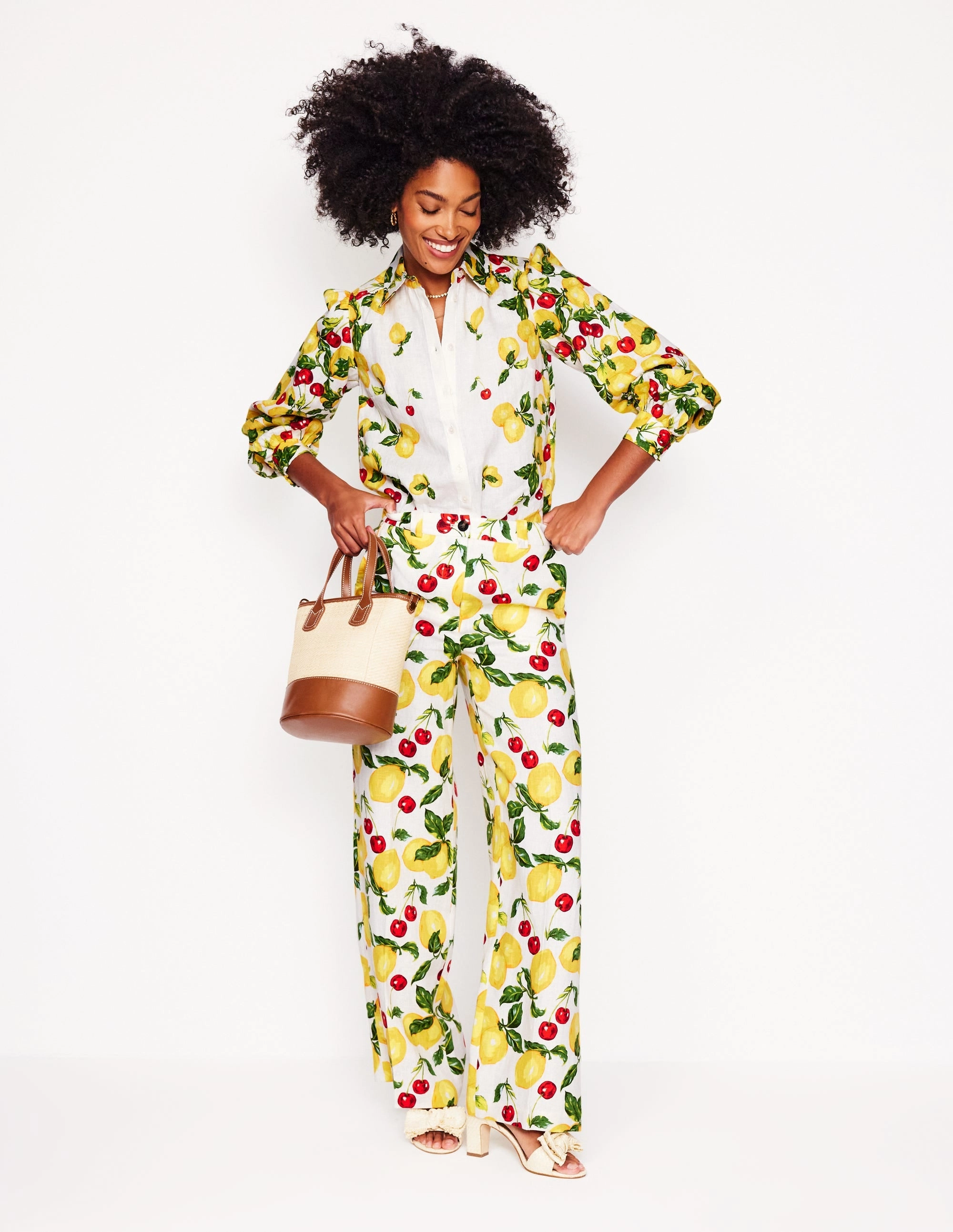 Hidden Storage Pockets Everyday Comfort Placement Print Linen Shirt-Ivory, Cherries and Lemons