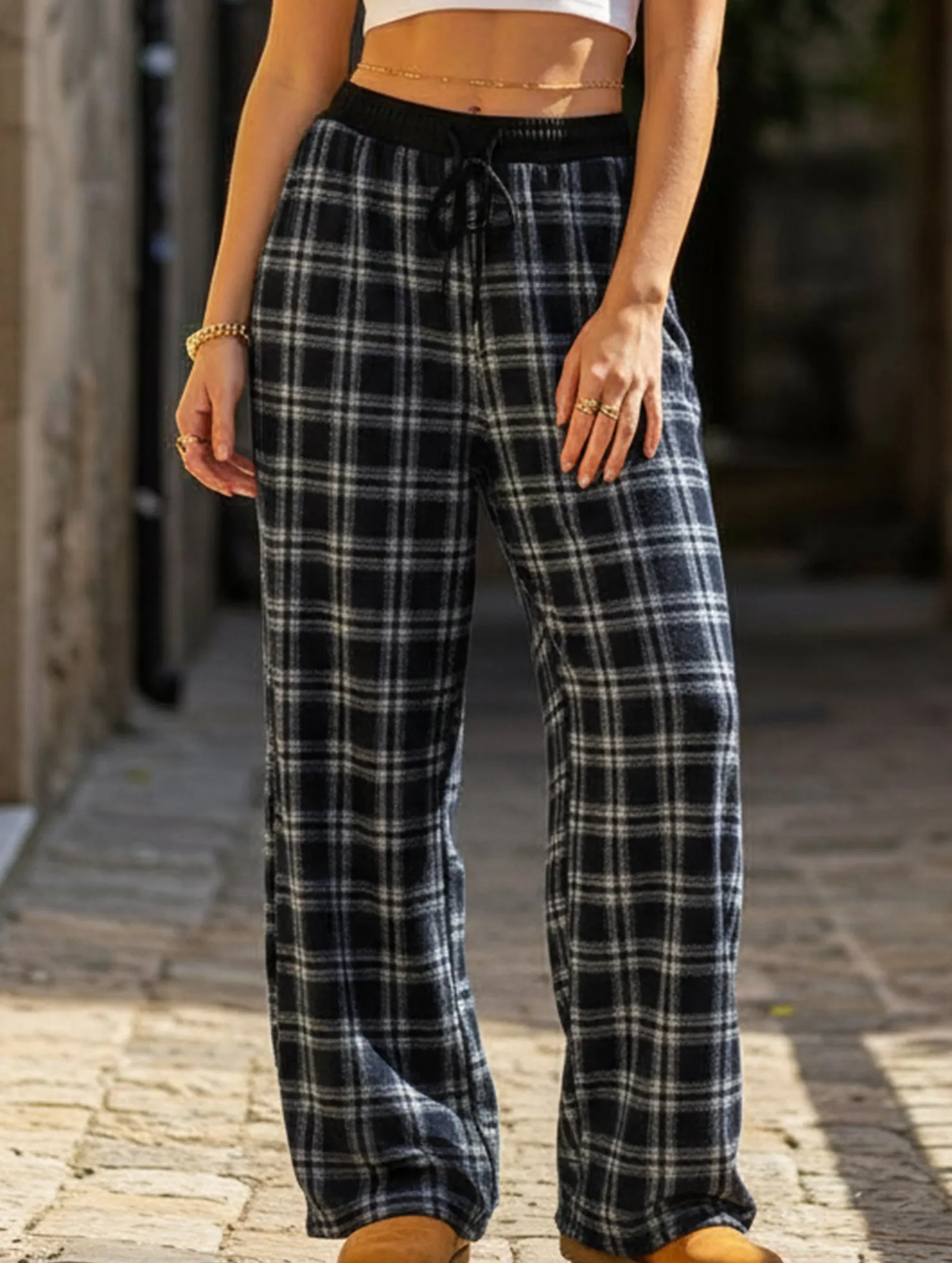 ReinforcedSeams Basic Stretch Plaid panel high waist sports straight pants