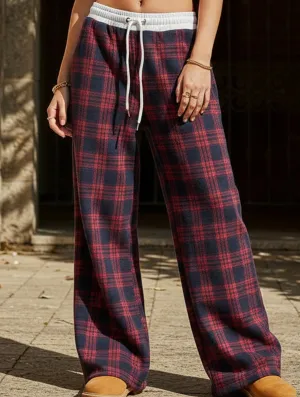 Stylish Fit Form Fitting Plaid panel high waist sports straight pants