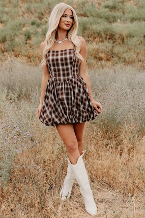 Easy Vibe Plaid & Puff Bubble Hem Mini Dress (Brown)