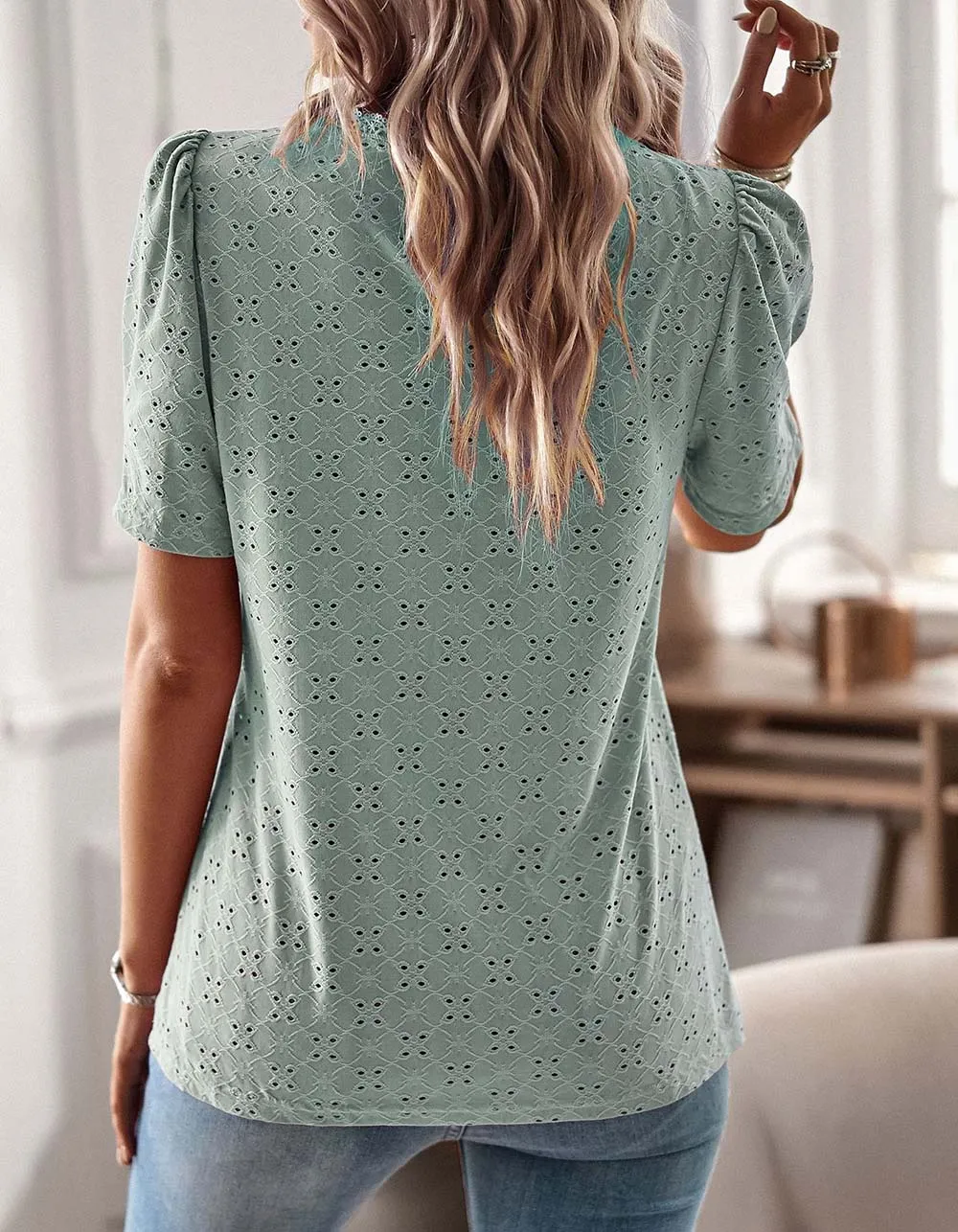 Plain Solid-color Round Neck Stitching Hollow Out Short Sleeve T-Shirt