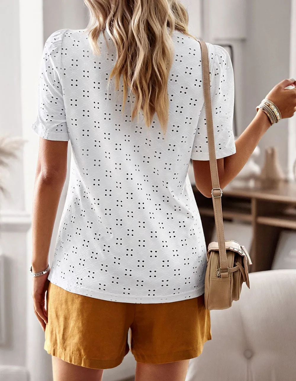 Plain Solid-color Round Neck Stitching Hollow Out Short Sleeve T-Shirt