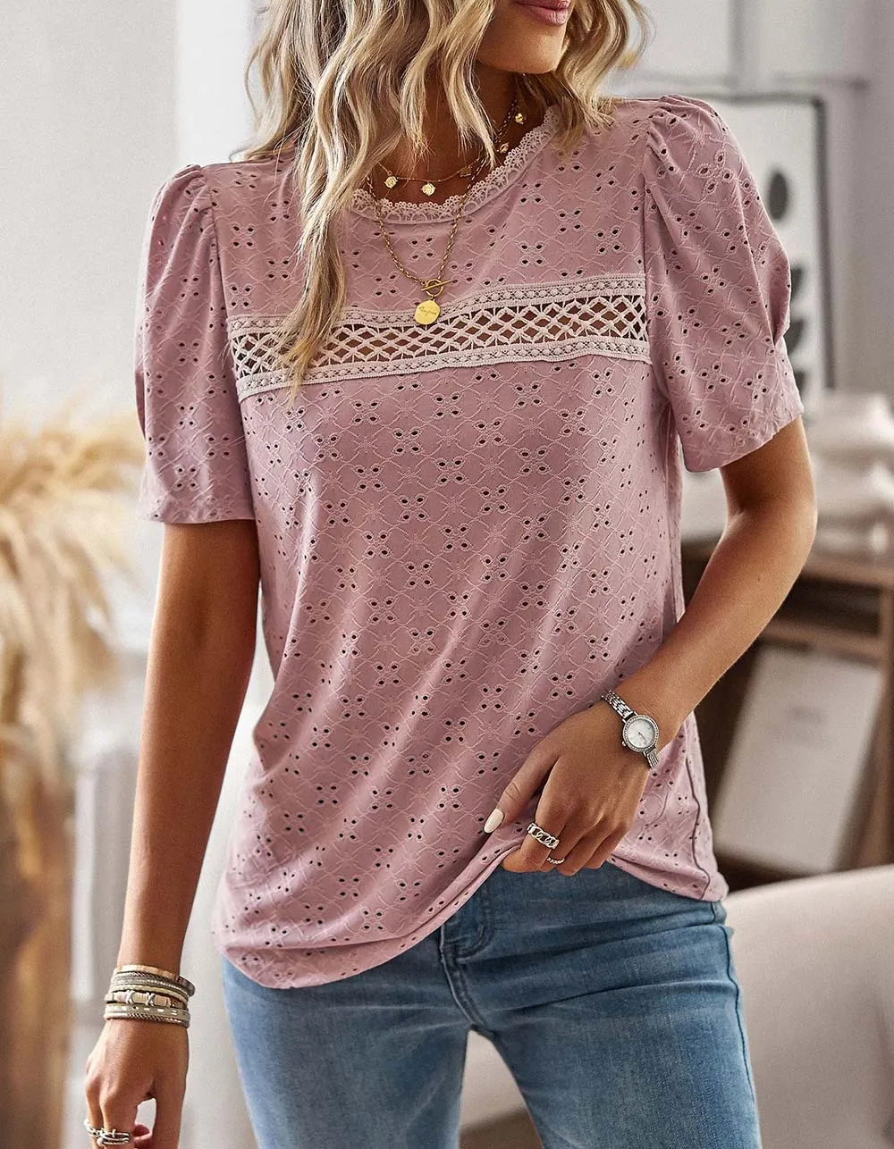Plain Solid-color Round Neck Stitching Hollow Out Short Sleeve T-Shirt