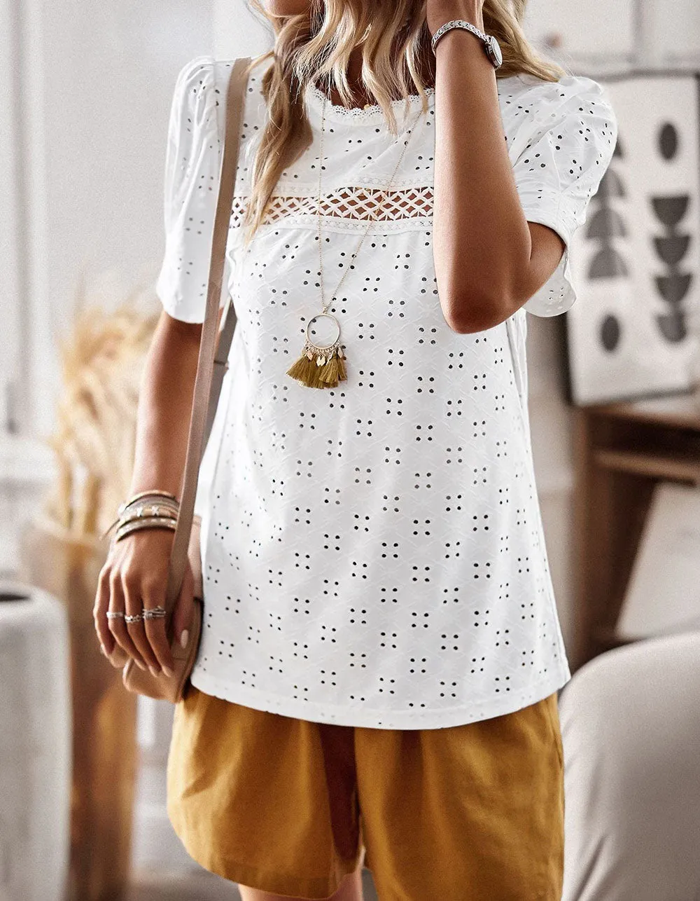 Plain Solid-color Round Neck Stitching Hollow Out Short Sleeve T-Shirt