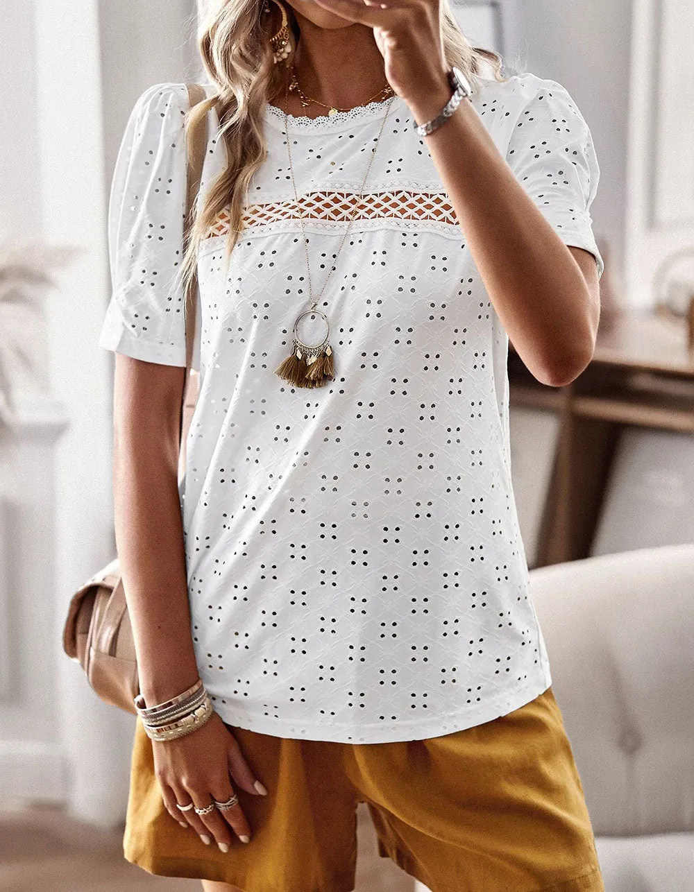 Plain Solid-color Round Neck Stitching Hollow Out Short Sleeve T-Shirt