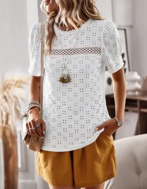 Plain Solid-color Round Neck Stitching Hollow Out Short Sleeve T-Shirt