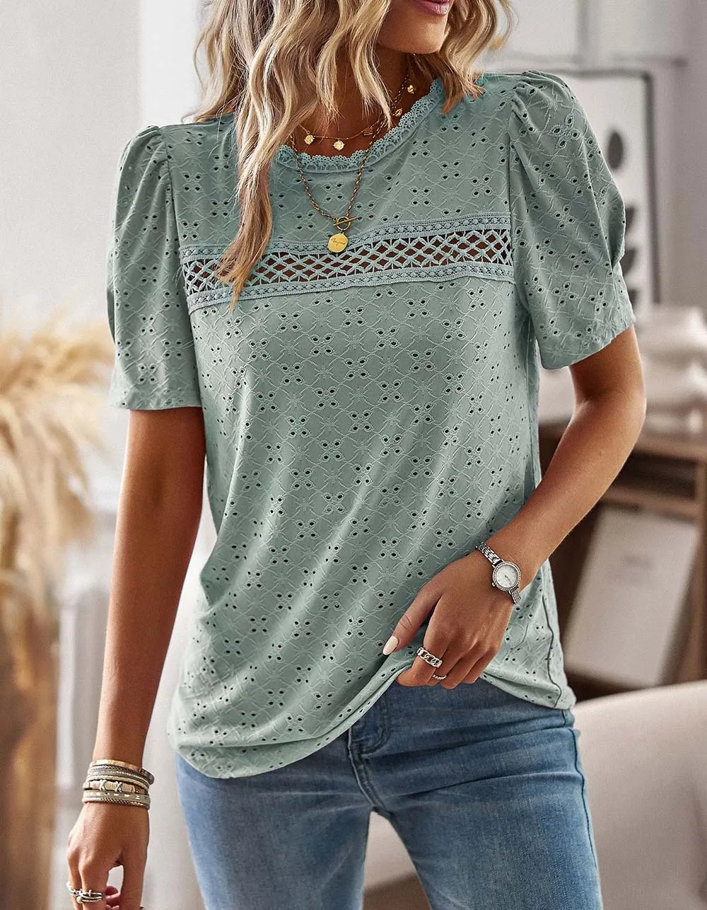 Plain Solid-color Round Neck Stitching Hollow Out Short Sleeve T-Shirt