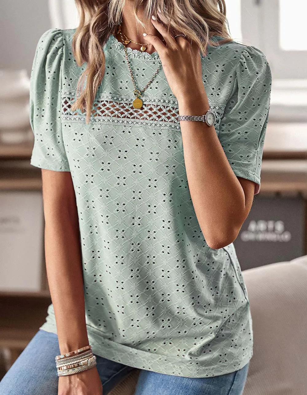 Plain Solid-color Round Neck Stitching Hollow Out Short Sleeve T-Shirt