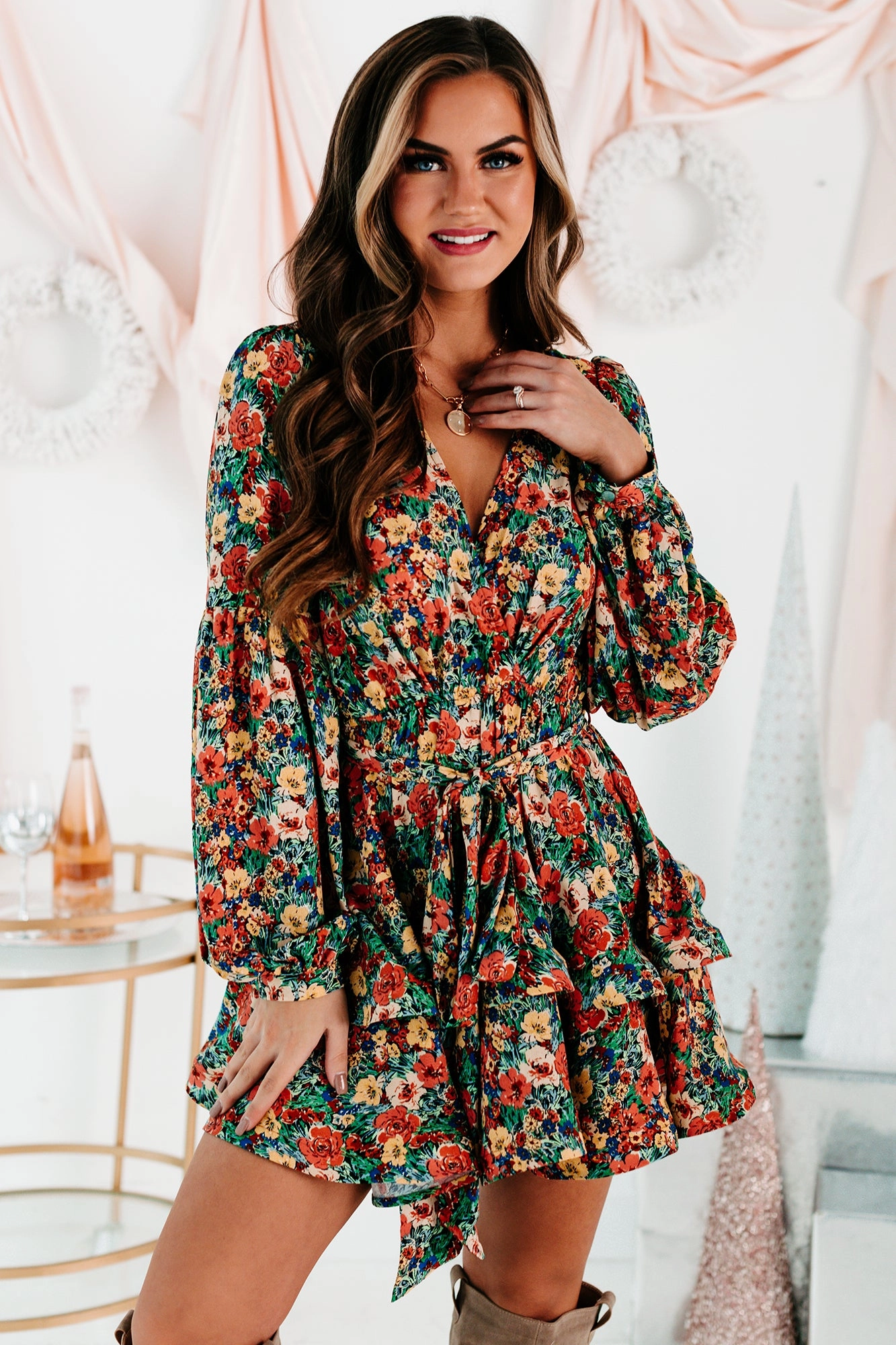 FlexibleLayeredConstruction Planting Roots Ruffled Floral Mini Dress (Green Multi)