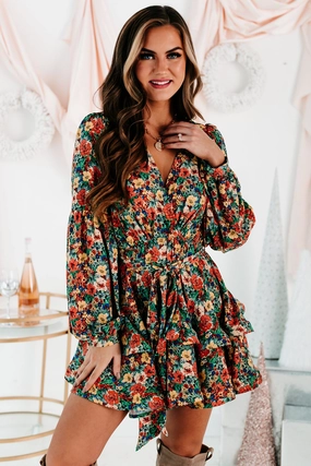 FlexibleLayeredConstruction Planting Roots Ruffled Floral Mini Dress (Green Multi)
