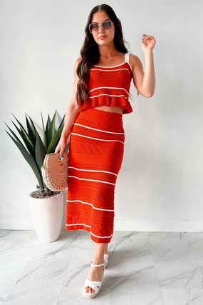 Urban Edge Reflective accents Playful & Pretty Open Knit Sweater Midi Skirt (Red Orange)