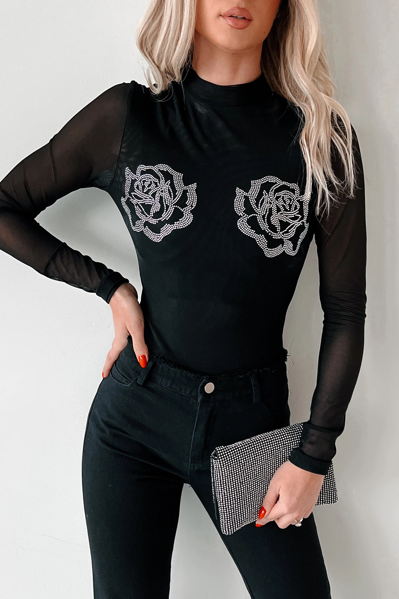 Petite Size Non See Modern Performancewear Playing Hard To Forget Rhinestone Rosette Mesh Bodysuit (Black)