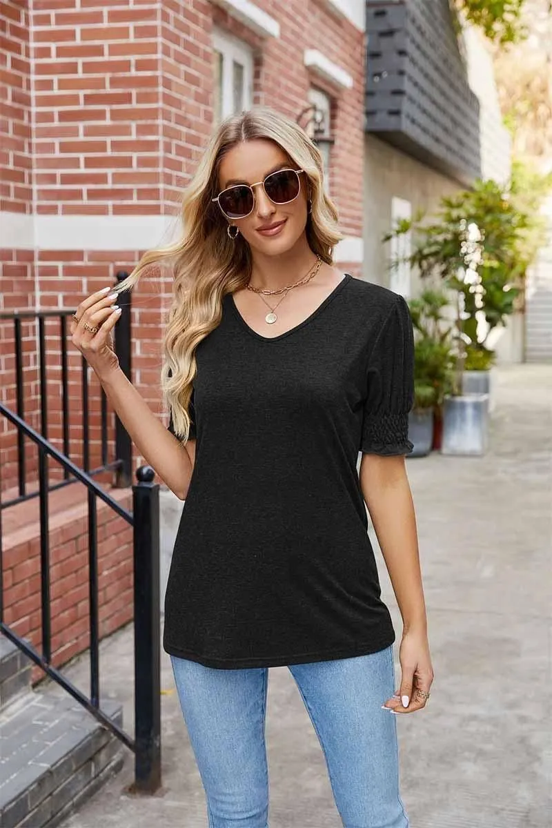 Trendy Look Hidden Button Placket PLEATED FRILL PUFF SLEEVES V NECK TEE