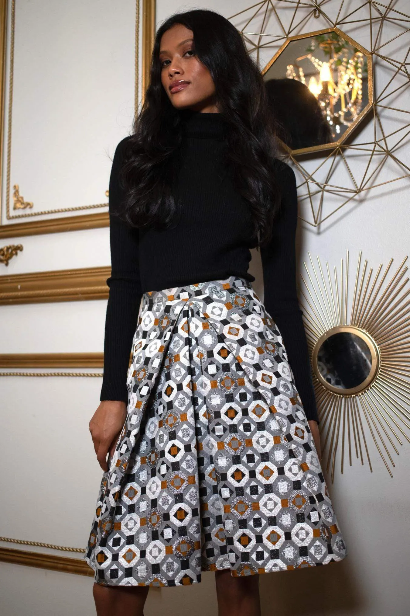 Pleated Jacquard Skirt - Geometric Motif Hand Painted Daily Favorite