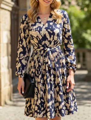 Pleated printed long-sleeved dress Refined Style