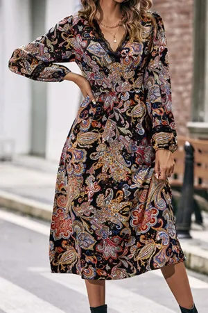 Motion Light Raglan-Sleeve WOMEN LACE TRIM V NECK LONG SLEEVE BOHO DRESS