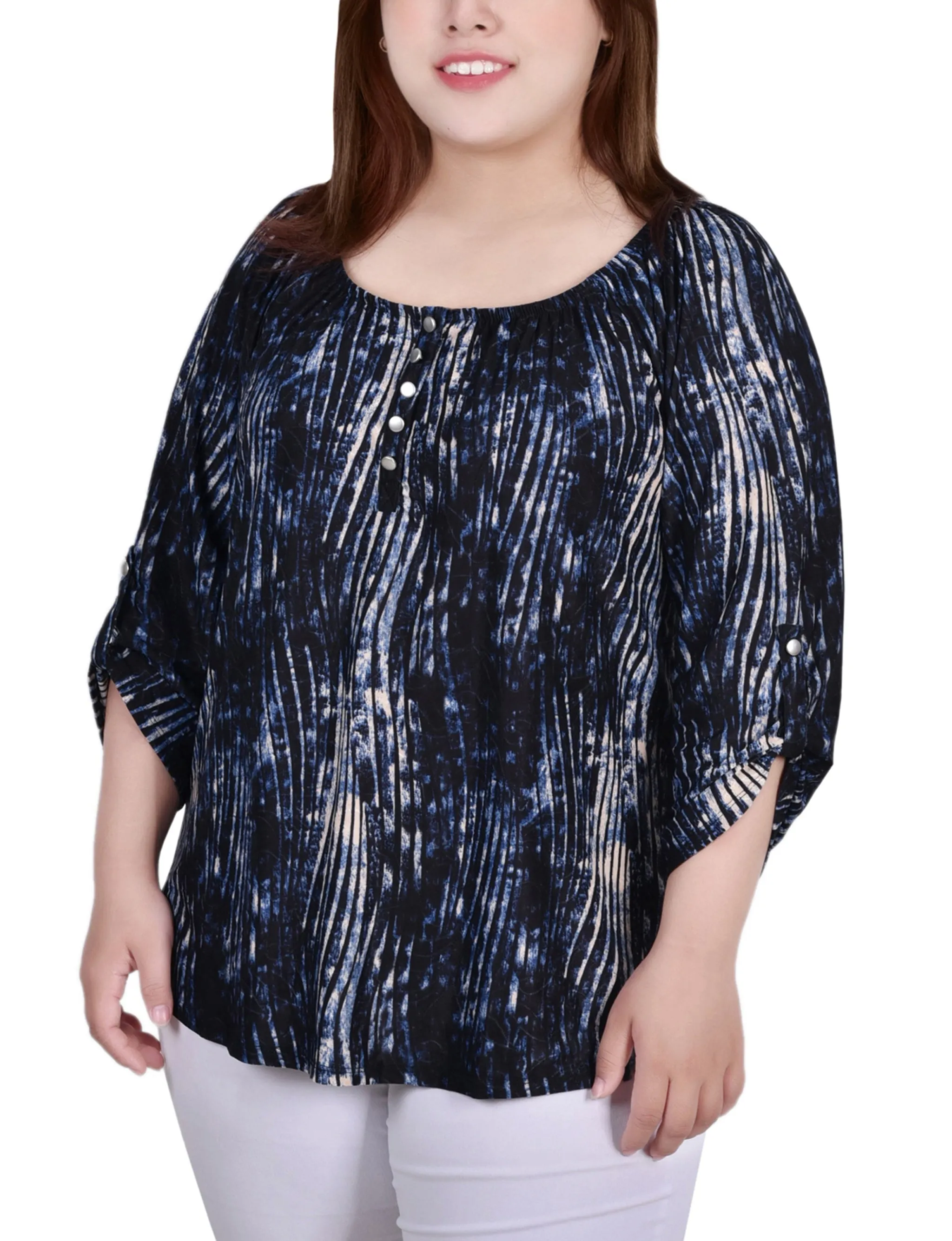 Recycled Polyester Plus Size 3/4 Push Tab Round Neck Top