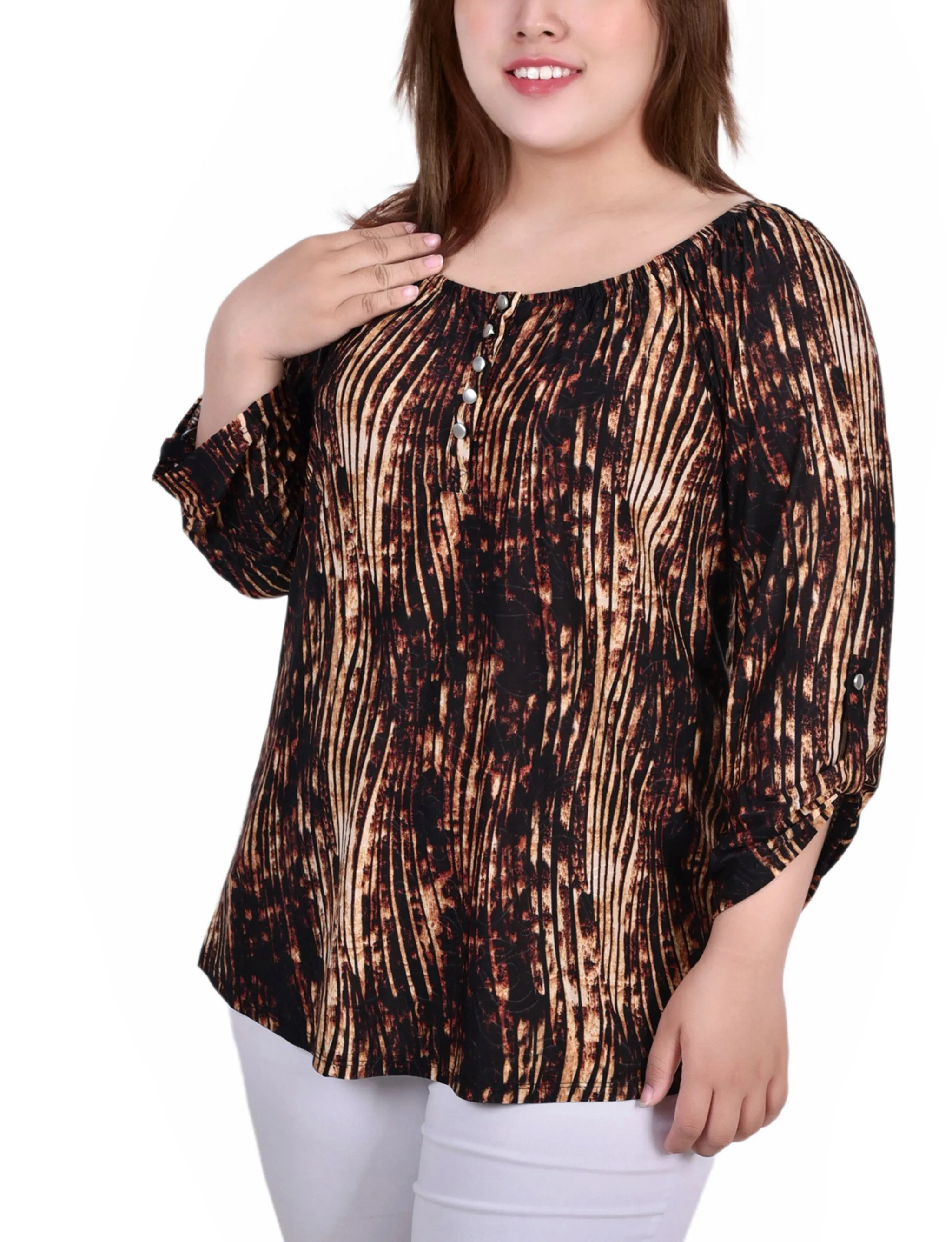 Airflow Mesh Insert Plus Size 3/4 Push Tab Round Neck Top