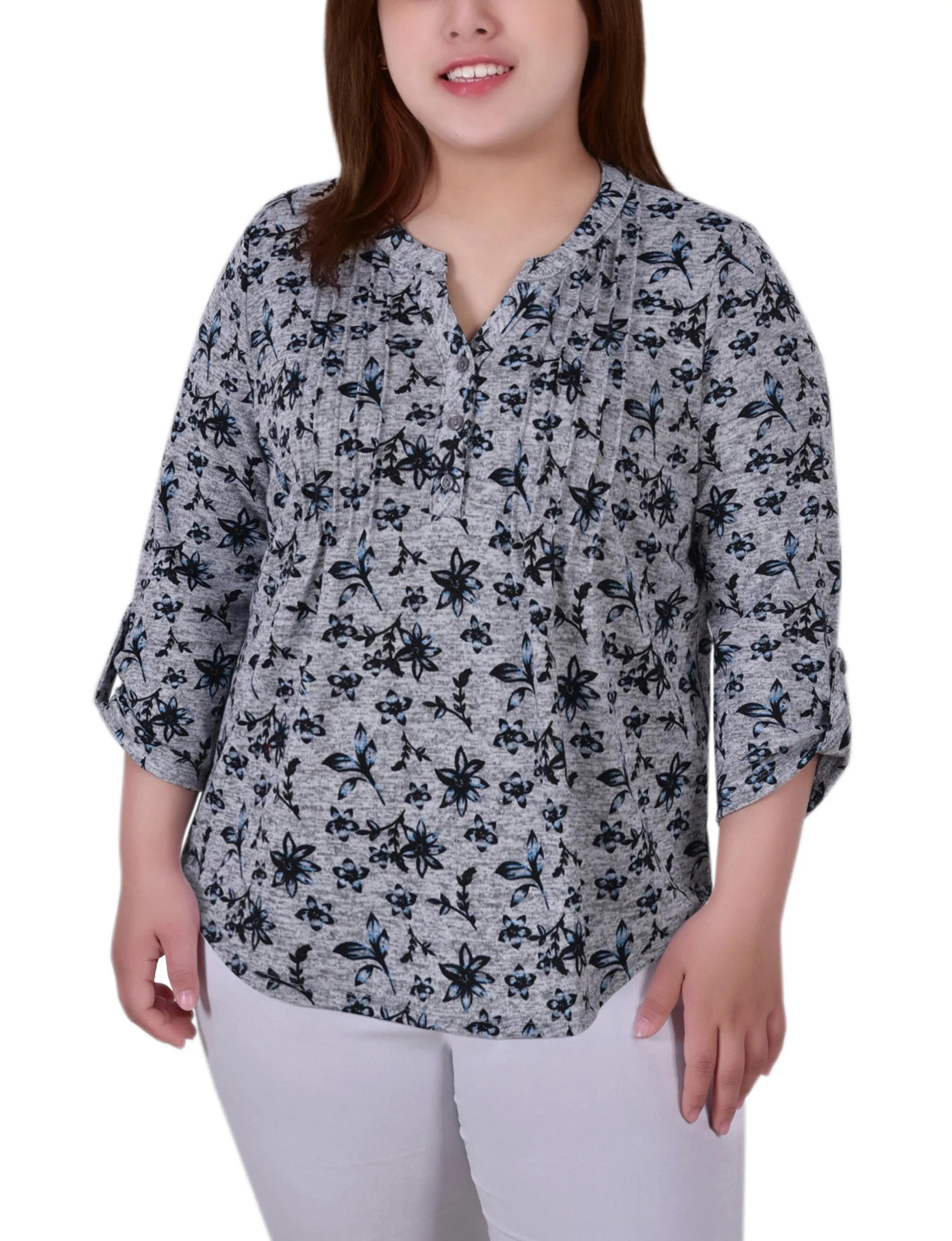 Elasticized Waistband Plus Size 3/4 Roll Sleeve Top