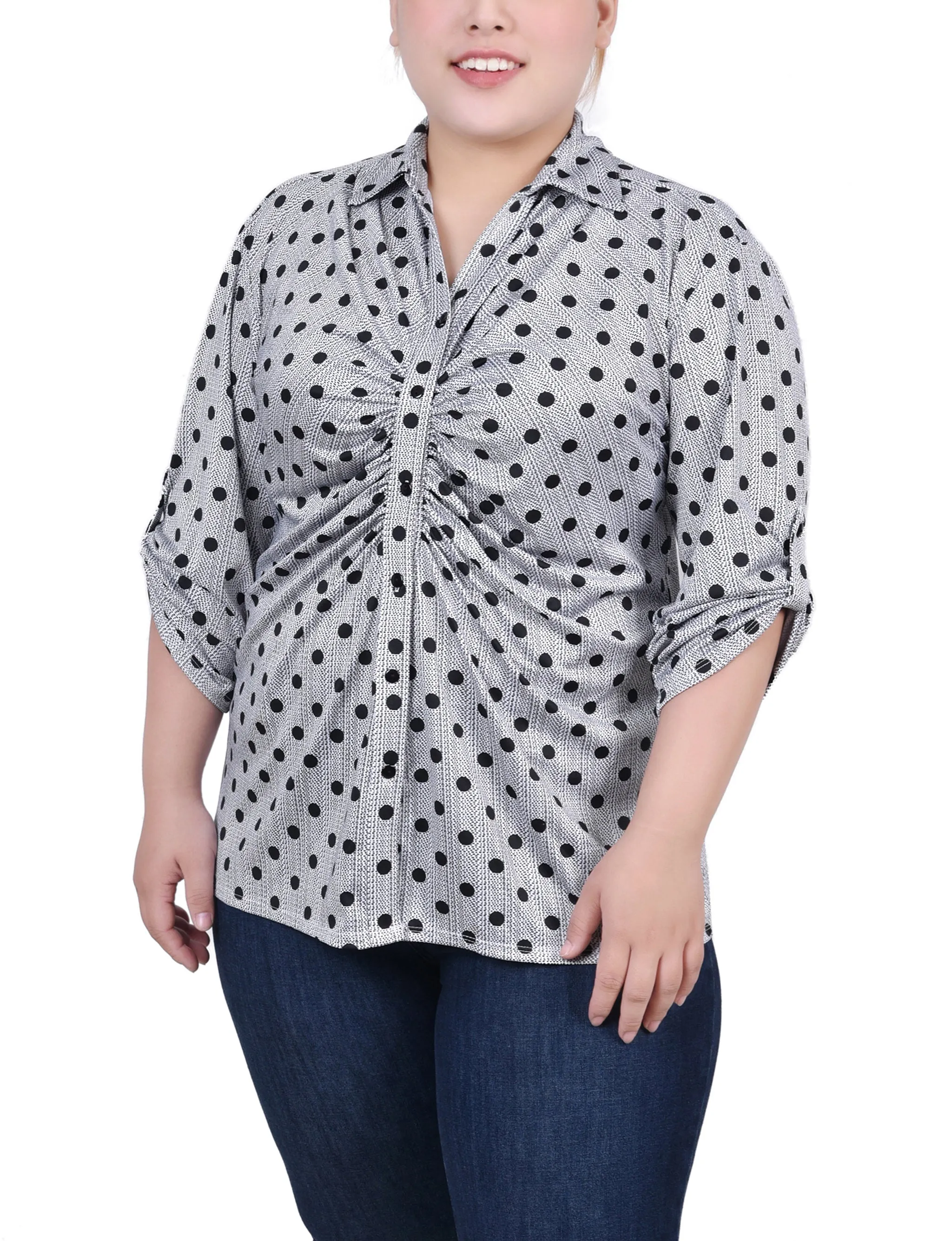 Plus Size 3/4 Roll Tab Rouched-Front Top Fashion Statement